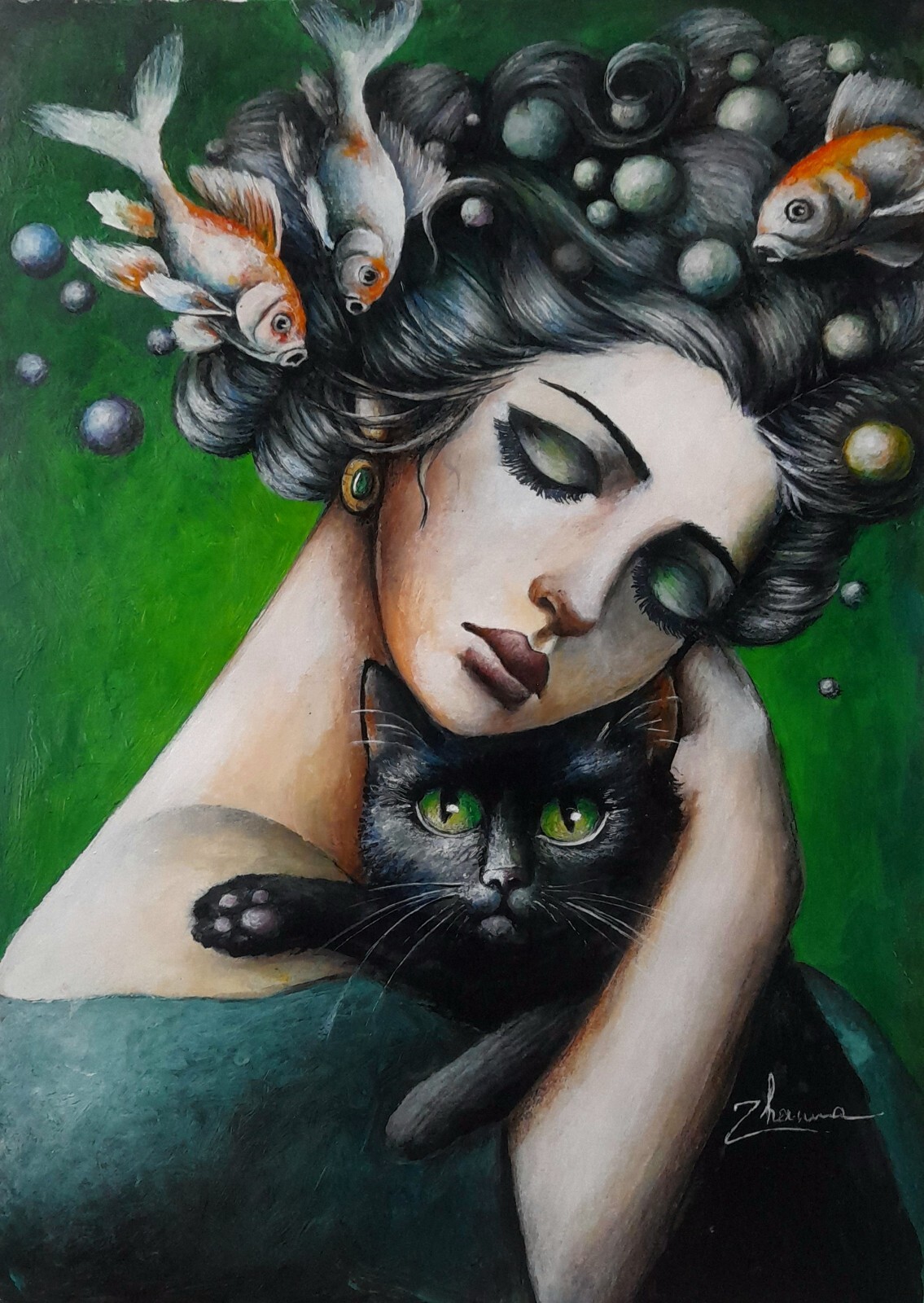 Original Acrylic Painting woman & black cat love Surrealism Art A4 OOAK