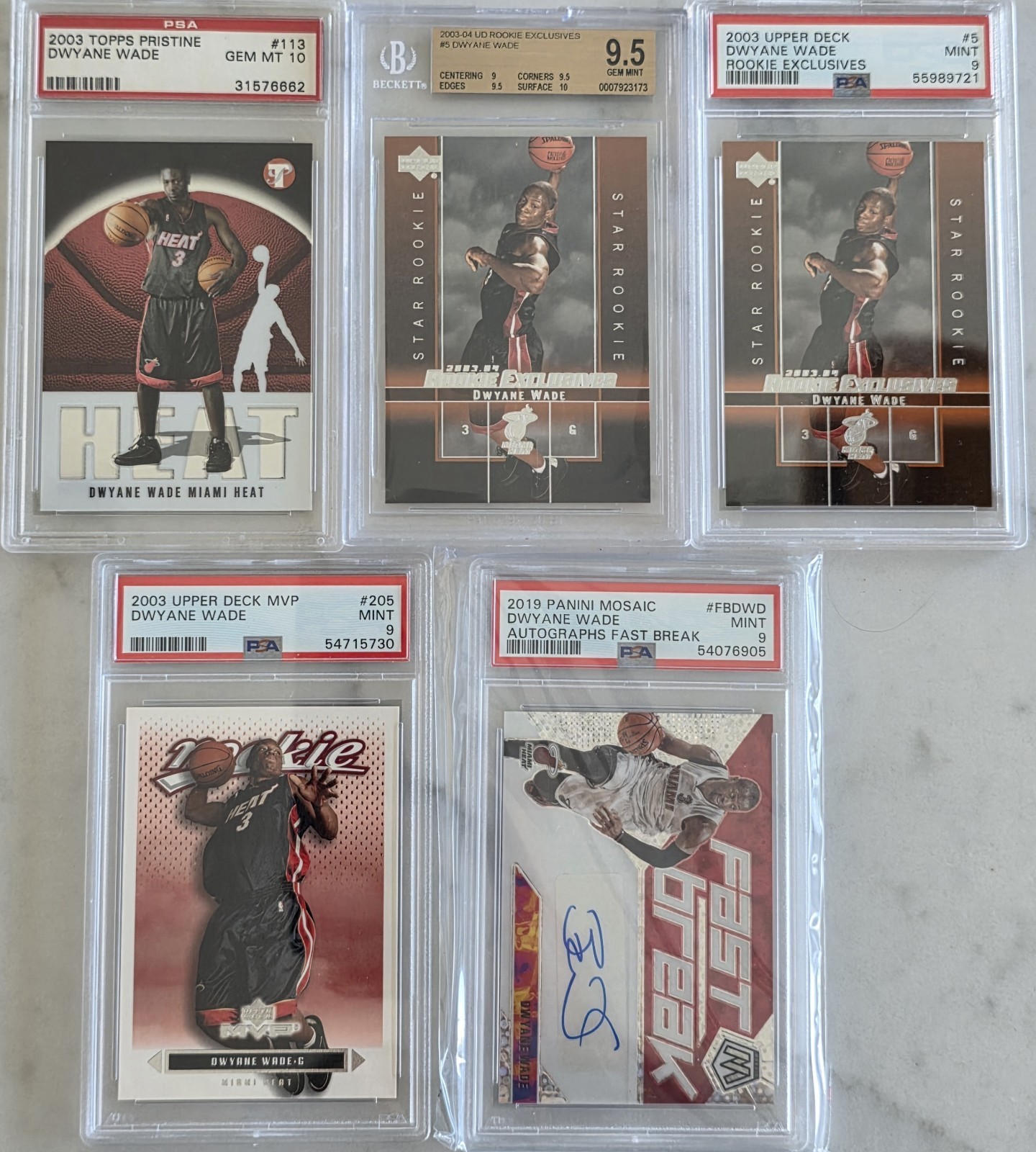 Dwyane Wade Graded Card Lot (5) PSA/BGS - 2003-04 UD/Topps, 2019 Mosaic Auto