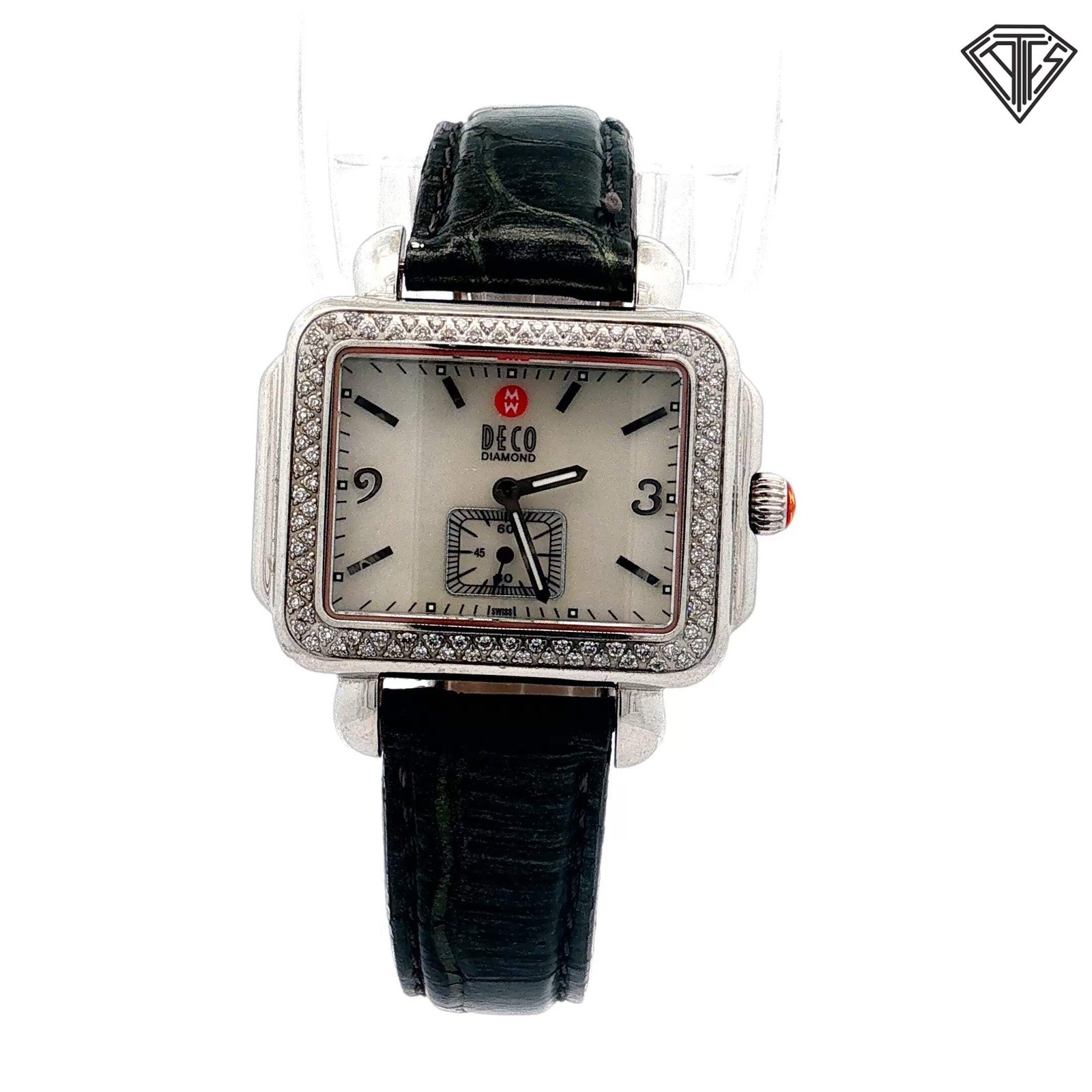 Pre-Loved Michele Deco Diamond Bezel with Leather Band and Mother of Pearl Dial