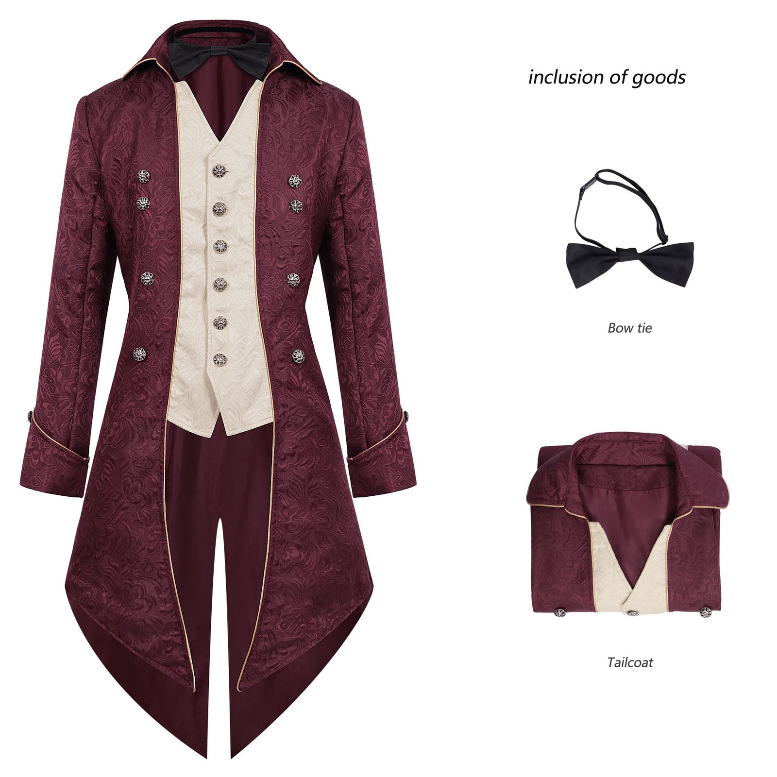 Men\'s Victorian Tailcoat Steampunk Gothic Costume Jacket Bow Tie S-3XL 