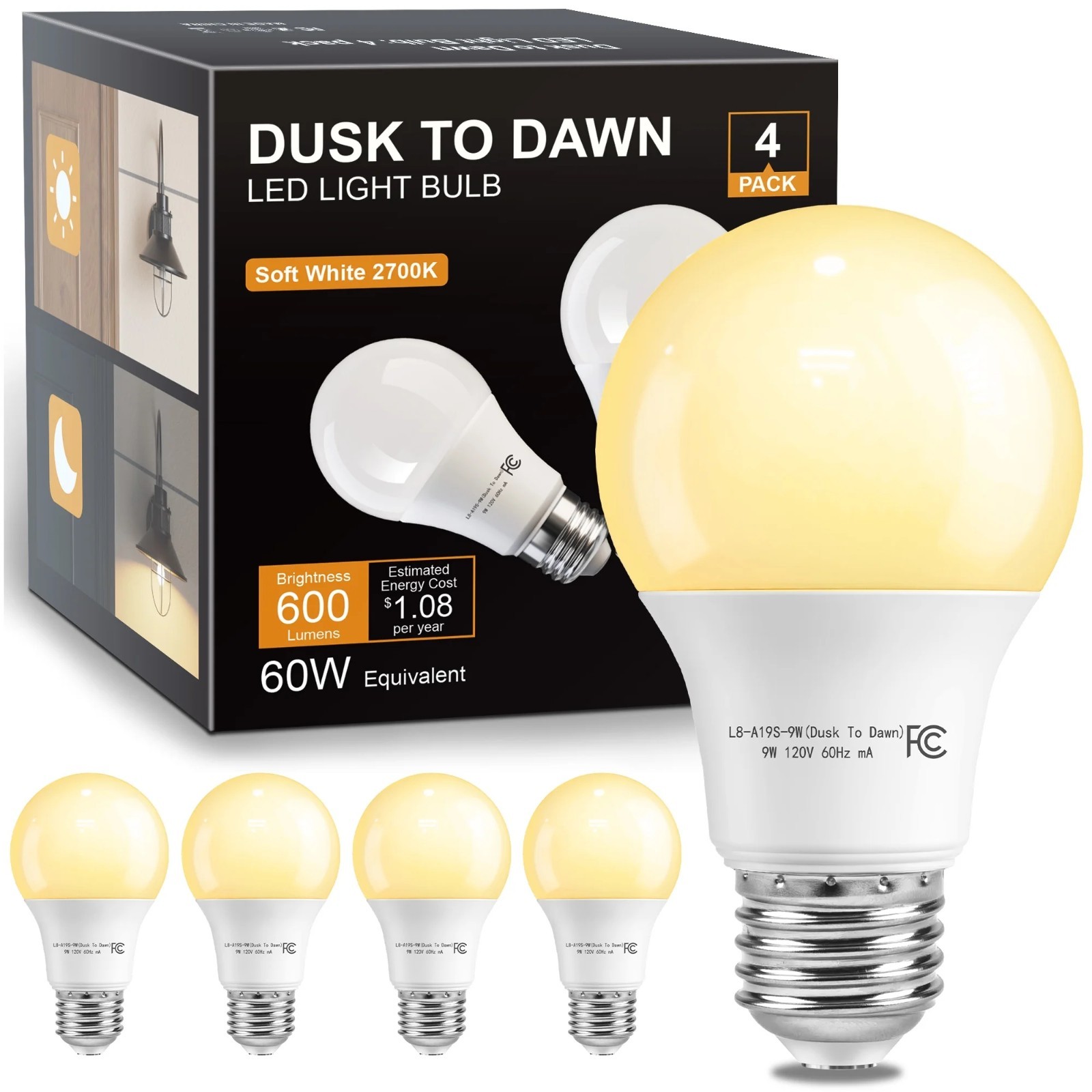 4/6/12Pack Dusk to Dawn A19  LED Light Bulb, 9W Equivalent 60W, 2700K,800LM