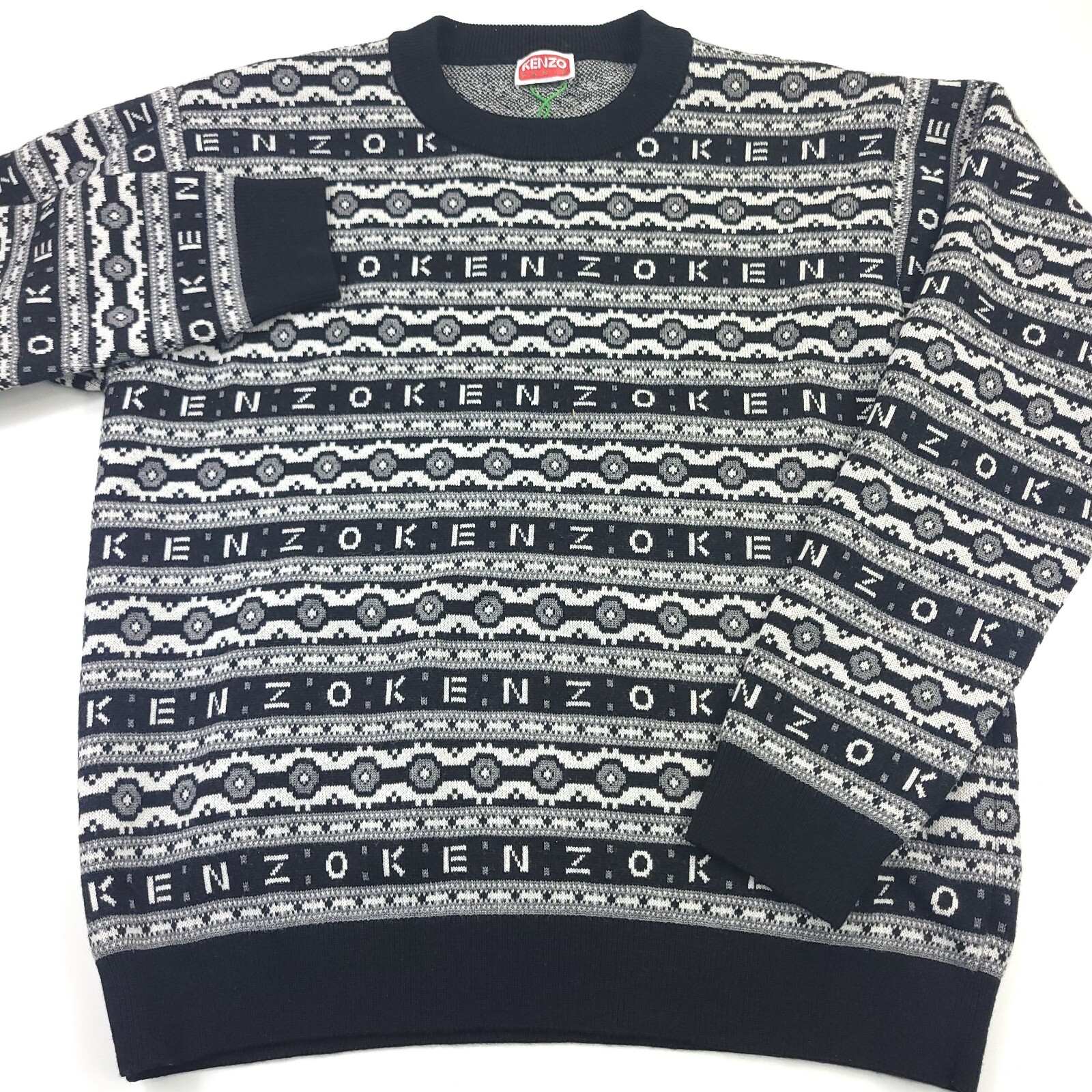 $640 KENZO Logo Jacquard Black Crewneck Wool Jumper Sweater Men\'s Size Large