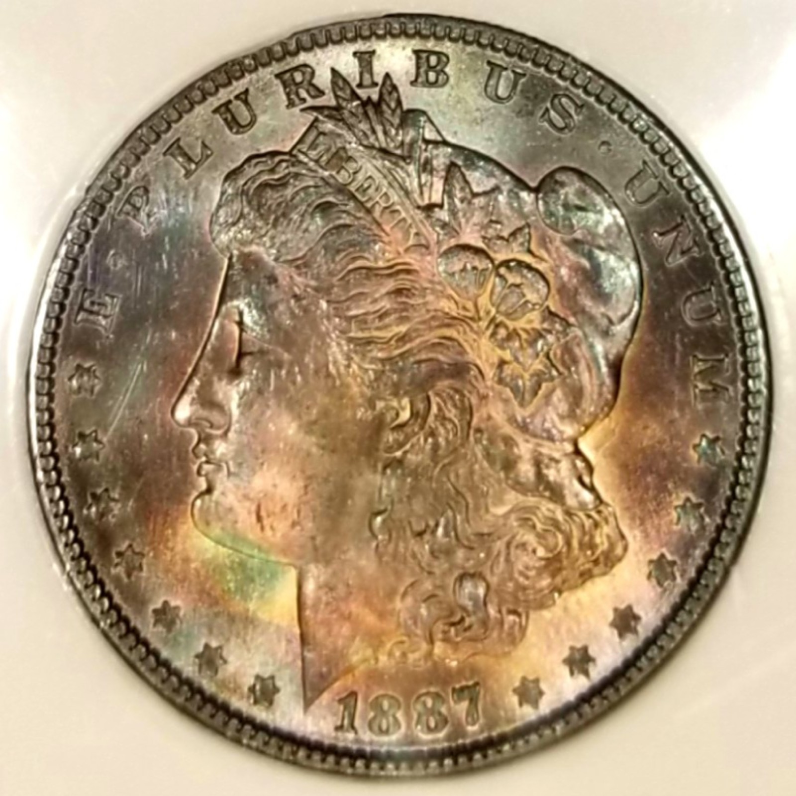 1887-P MS 67 Gorgeous Full Rainbow Color Toned PQ + Morgan Dollar PCI 1887-P MS 67 Gorgeous Full Rainbow Color Toned PQ + Morgan Dollar PCI