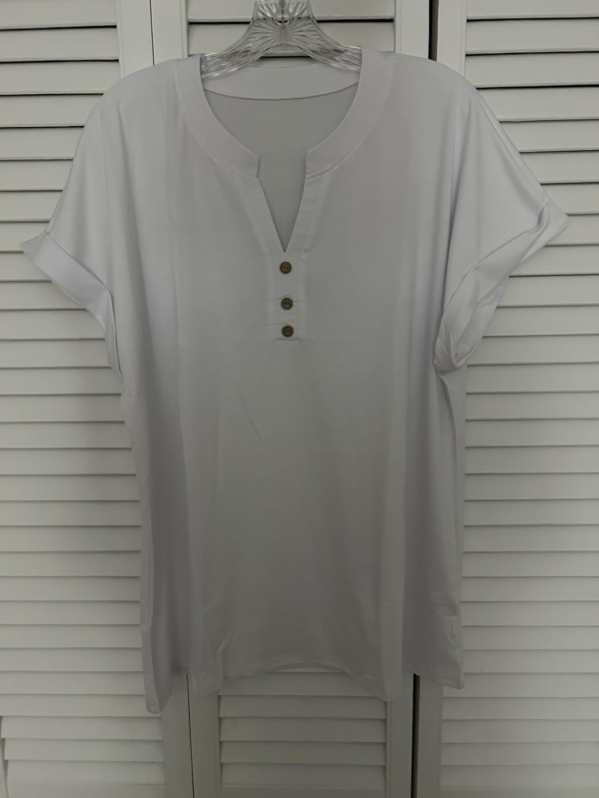 Women’s White Solid Split Neck Short Sleeve Pullover T-Shirt w/ Button Accent Women’s White Solid Split Neck Short Sleeve Pullover T-Shirt w/ Button Accent