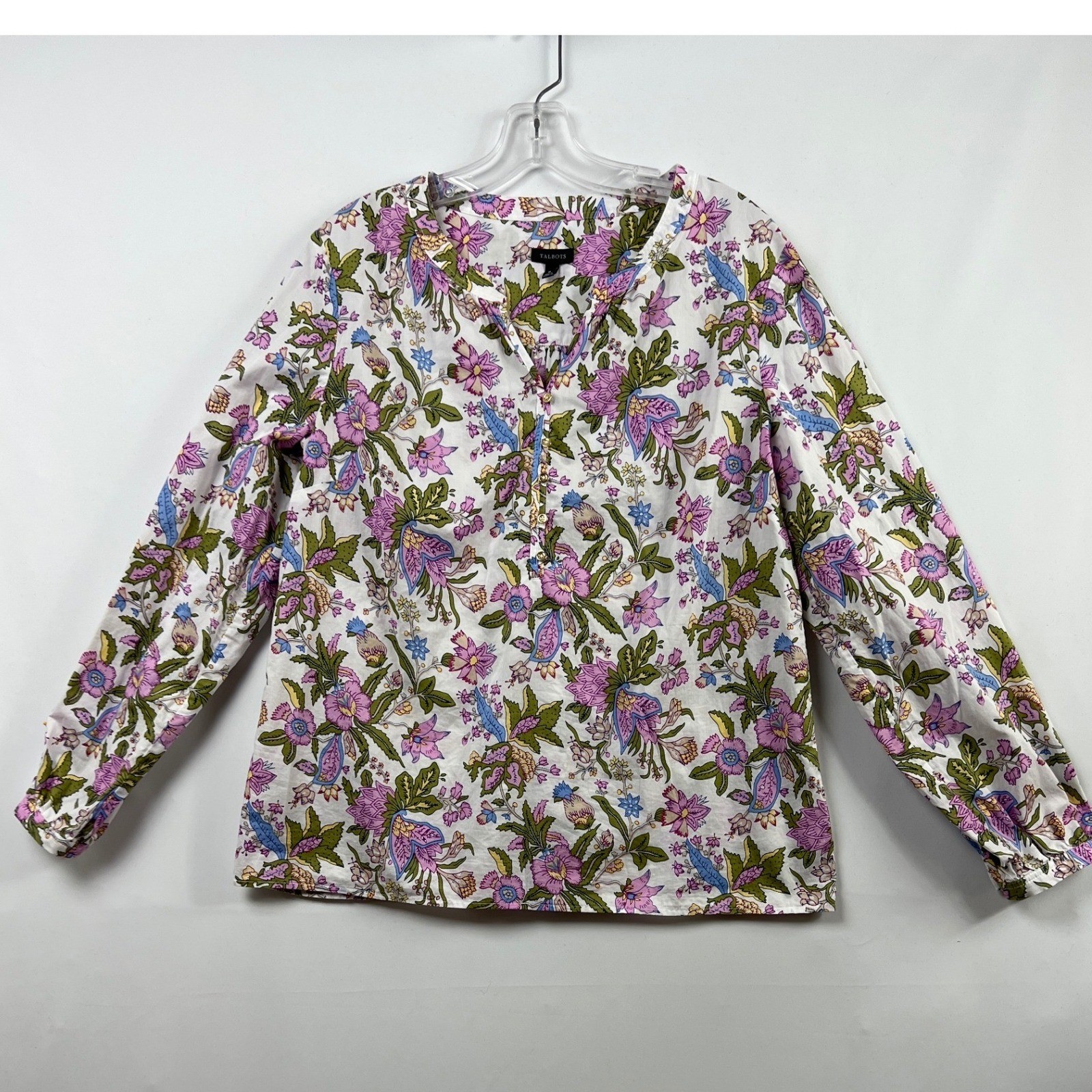 Talbots Floral Blouse Womens Size M White Pink Cotton Long Sleeve Button Top