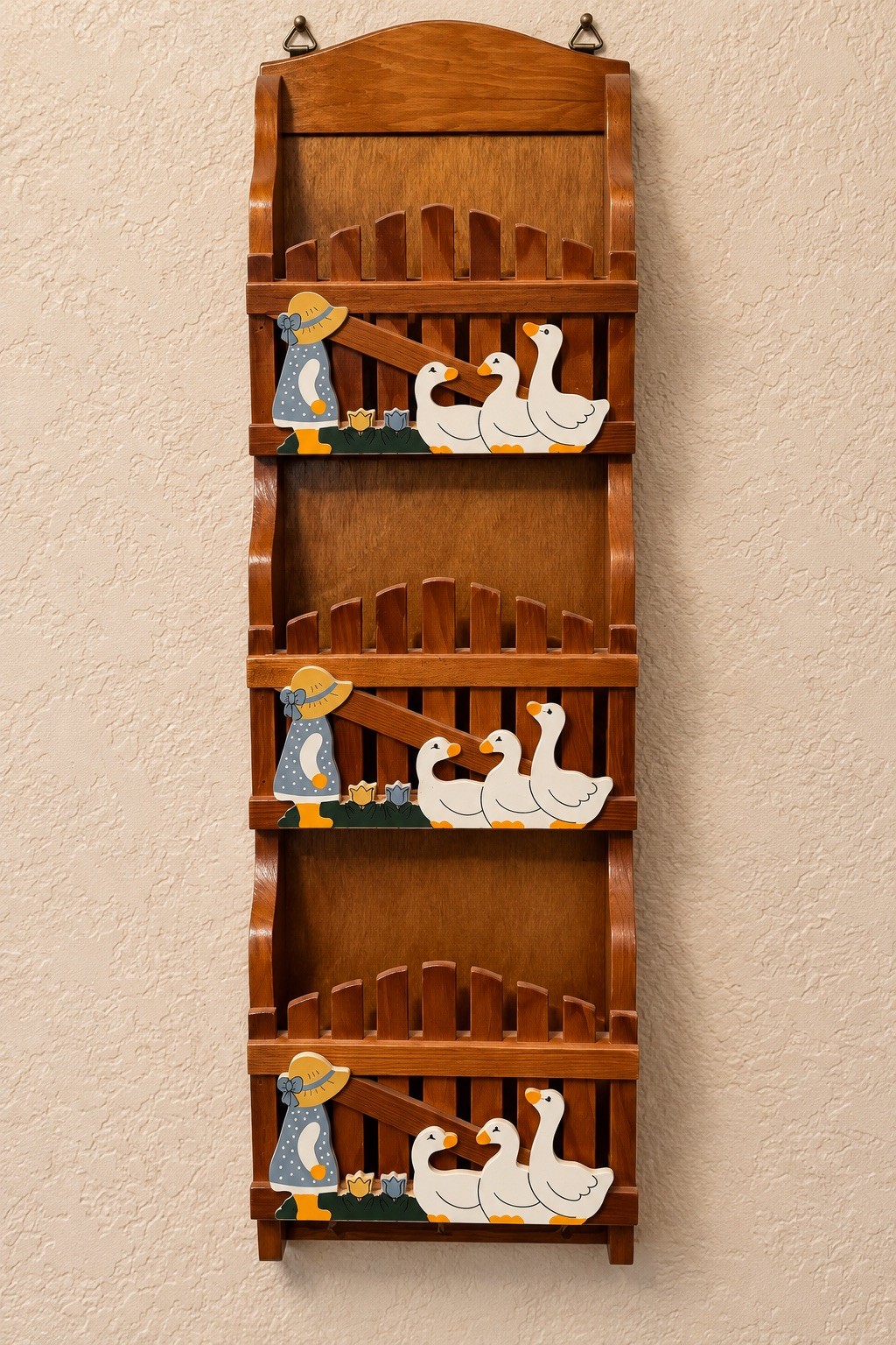 Vtg Wooden Goose 3 Tier Mail Organizer Key Hook Geese Tulip Girl Country FolkArt