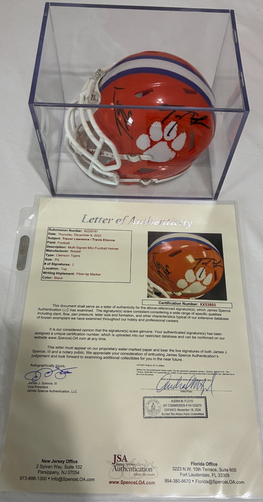 Trevor Lawrence & Travis Etienne Dual Auto Clemson Riddell Speed Mini Helmet JSA Trevor Lawrence & Travis Etienne Dual Auto Clemson Riddell Speed Mini Helmet JSA