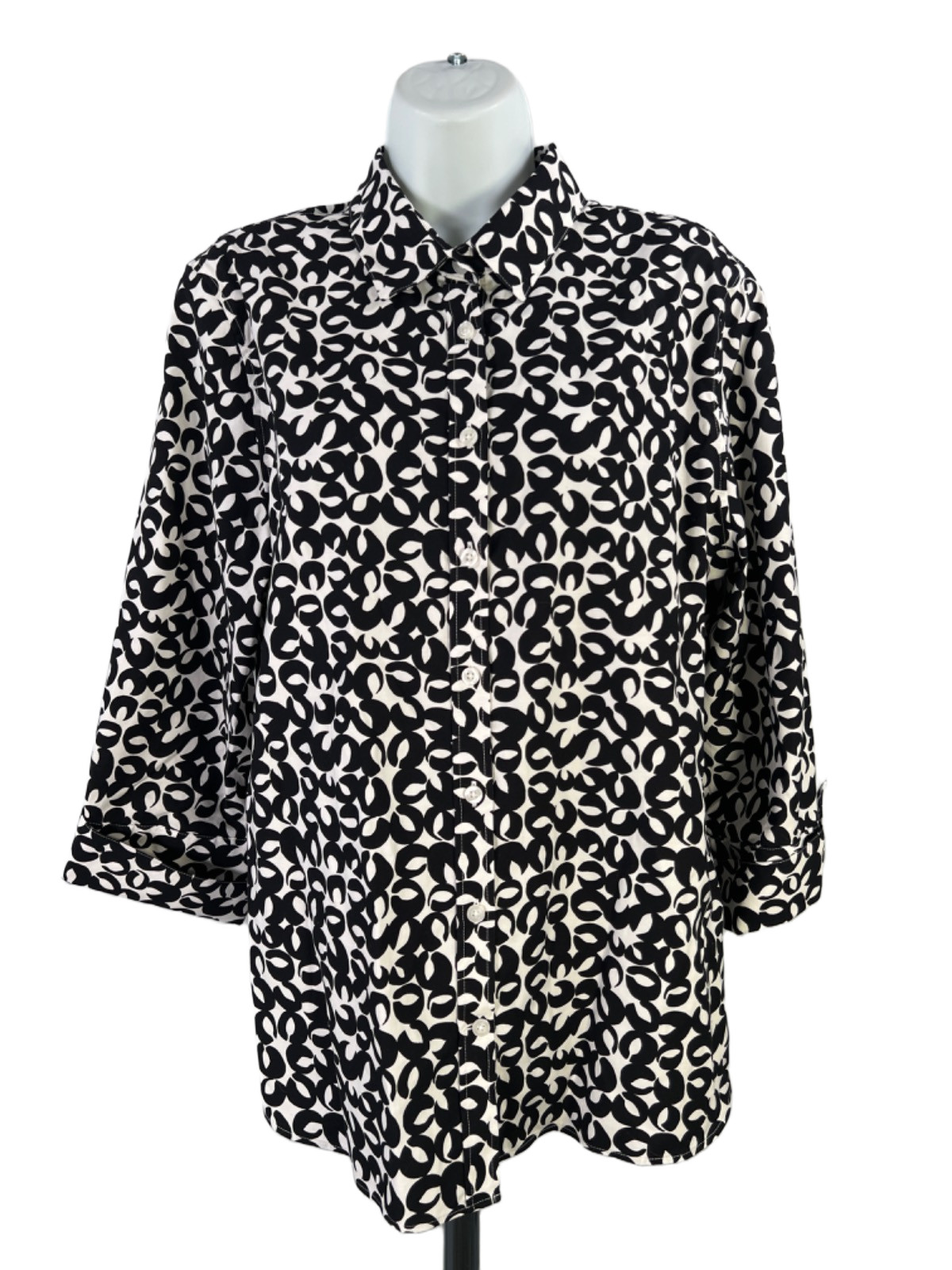 Chico\'s Women\'s Black/White Button Up 3/4 Cuffed Sleeve Blouse - 2/US 12