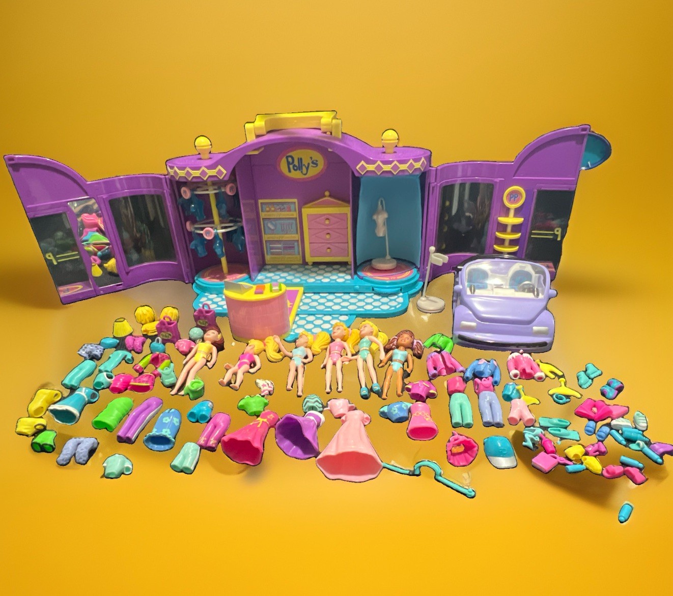 VTG Huge Lot 1999 Polly Pocket Fashion Boutique Playset Dolls Car Accessories VTG Huge Lot 1999 Polly Pocket Fashion Boutique Playset Dolls Car Accessories
