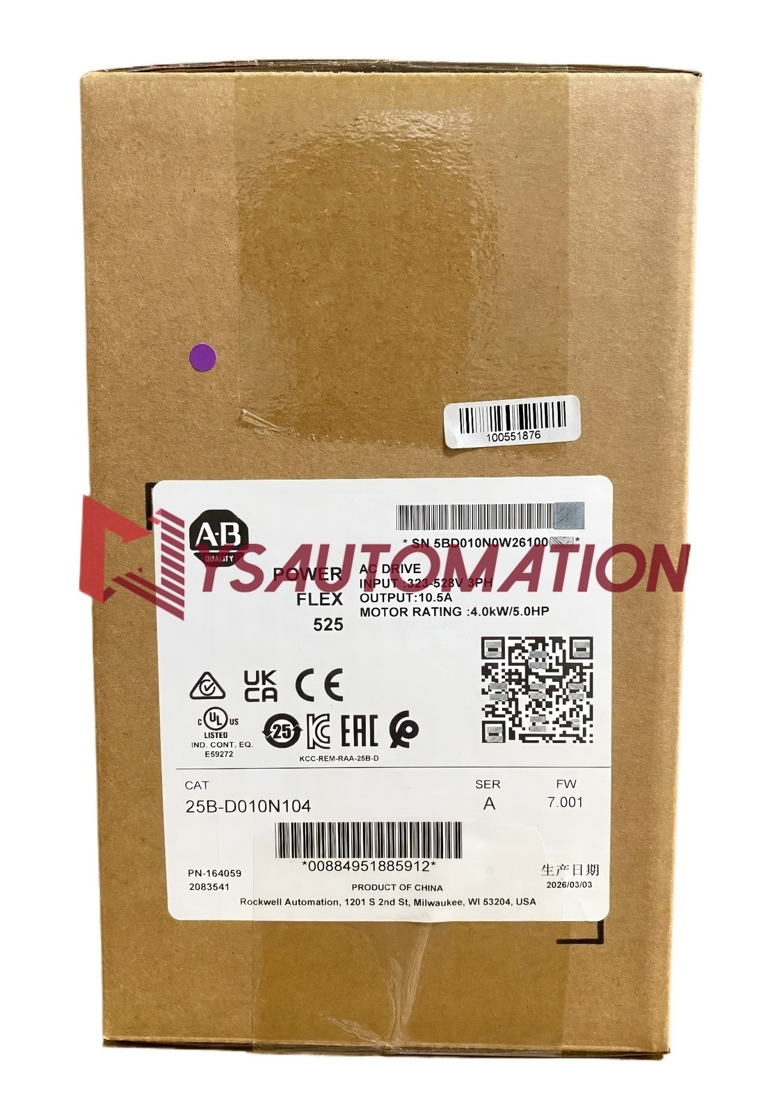 2026 Allen Bradley 25B-D010N104 PowerFlex525 4kW 5Hp AC Drive Variable Frequency