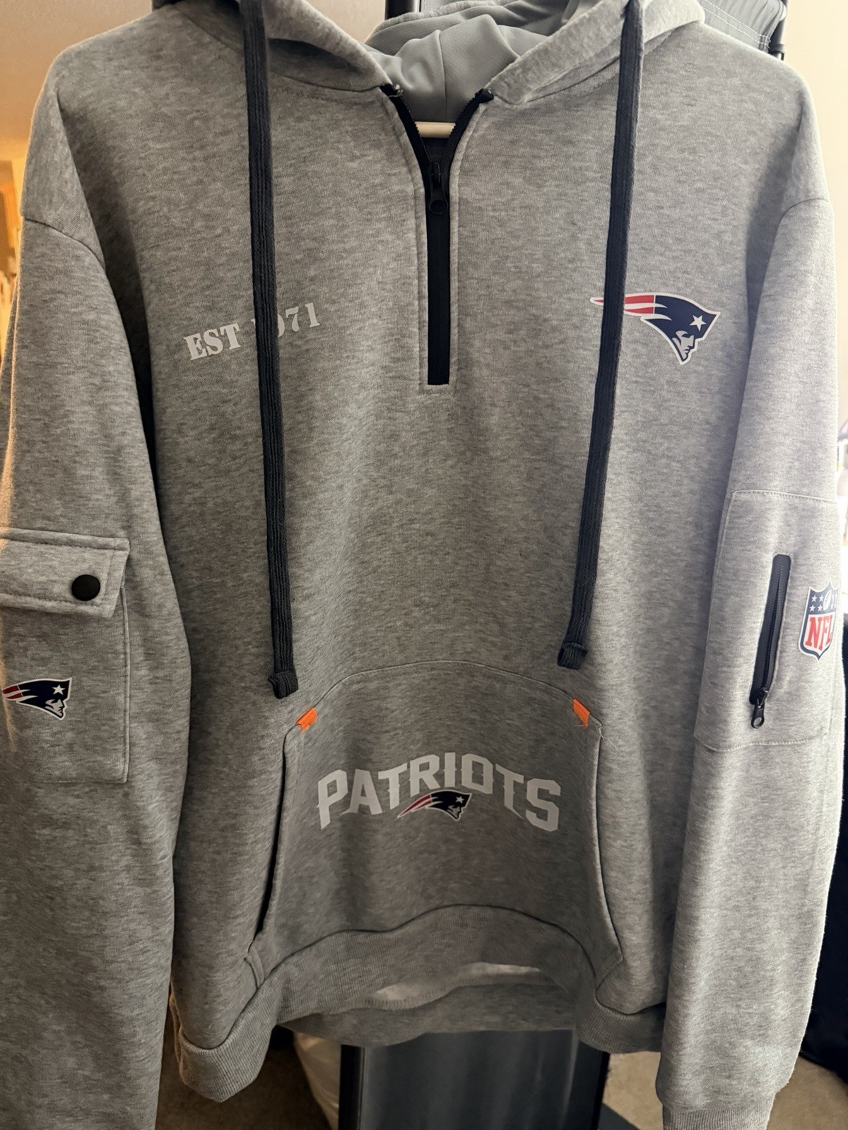 New England Patriots NFL Football Gray Pullover Hoodie Front Pocket