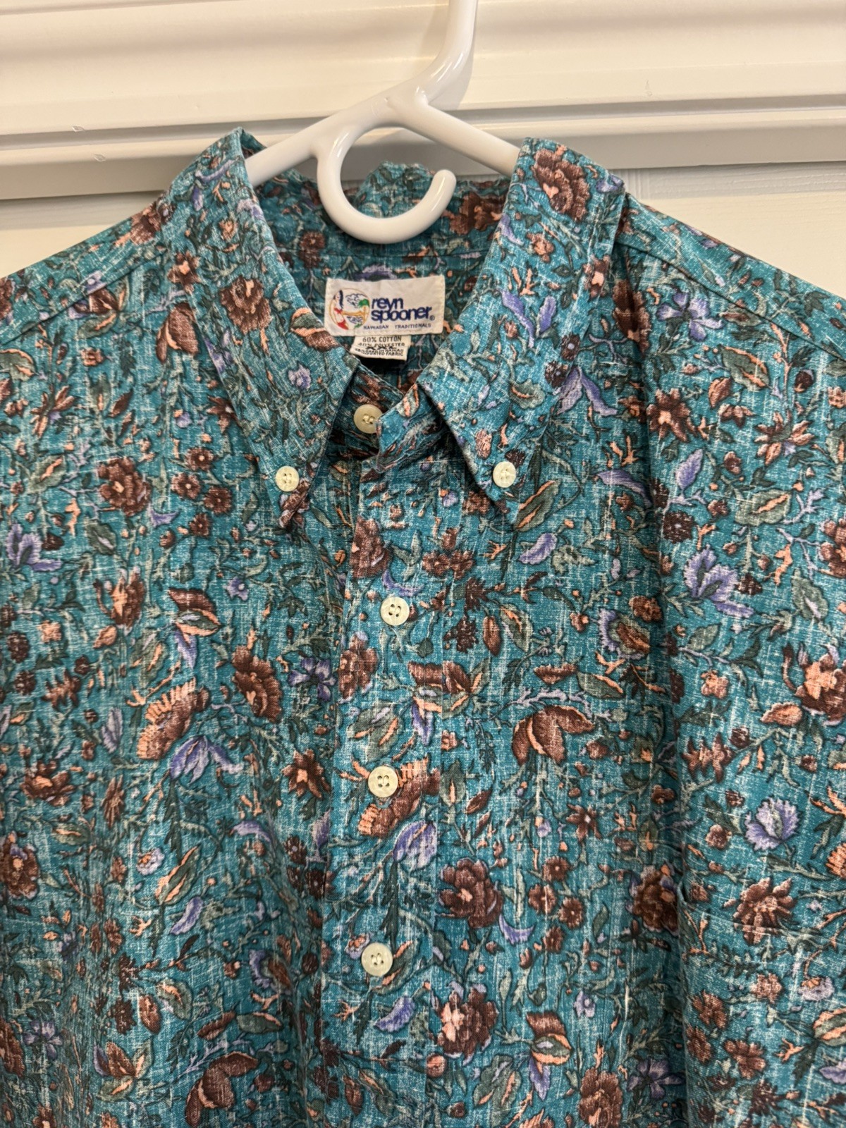 Y2K Reyn Spooner Men’s 2XL Aqua Blue Hawaiian Aloha Shirt Floral Cotton Blend