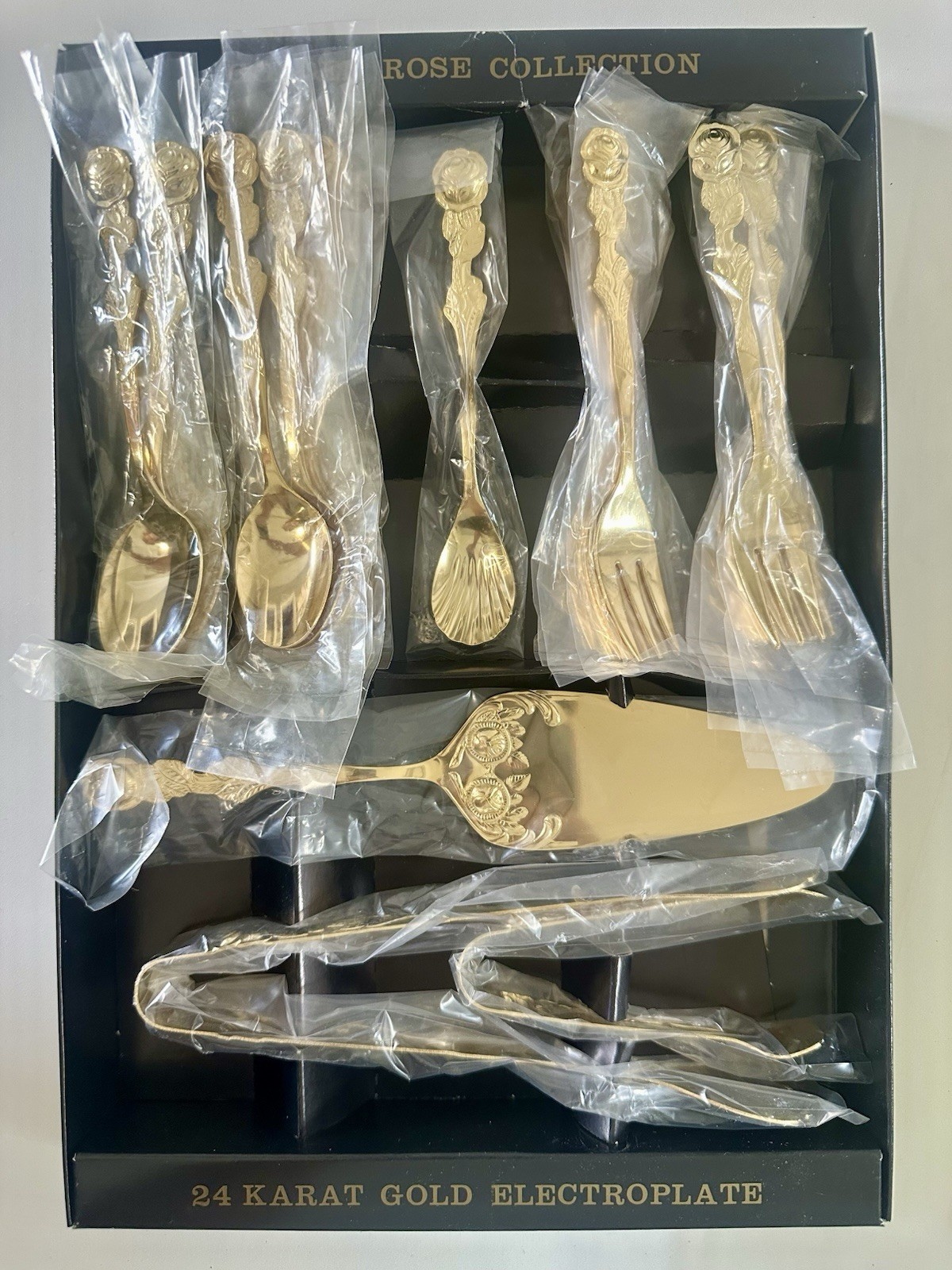 Vtg MCM 24 Karat Gold Electroplate Golden Rose Appetizer Dessert Flatware Set Vtg MCM 24 Karat Gold Electroplate Golden Rose Appetizer Dessert Flatware Set