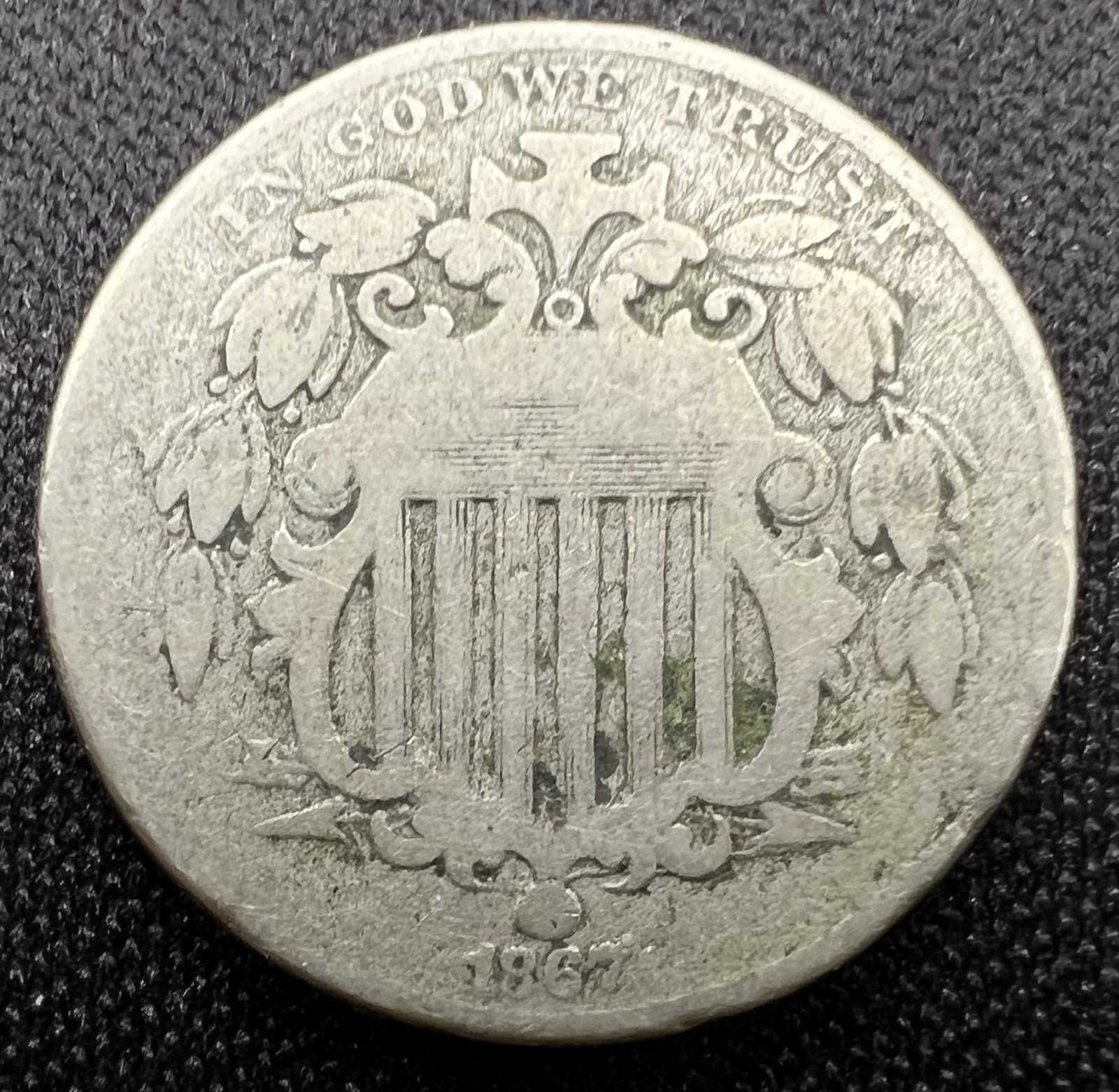 1867 Shield Nickel No Rays RPD Repunched Date VG+ Sharp Scarce 5c