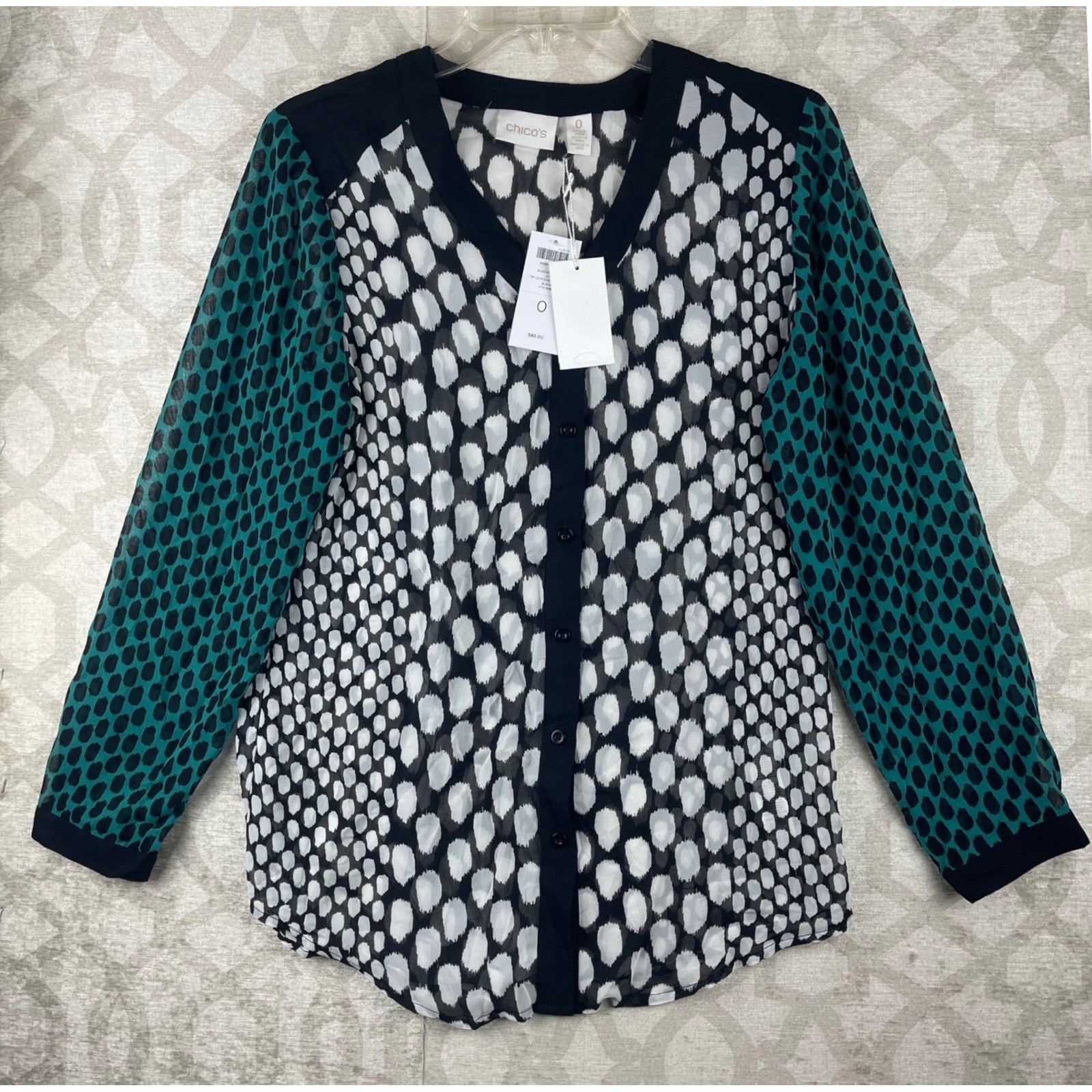 Chico\'s Blocked Dots Kit Women 0 Small Teal Black White Button Front Blouse NEW