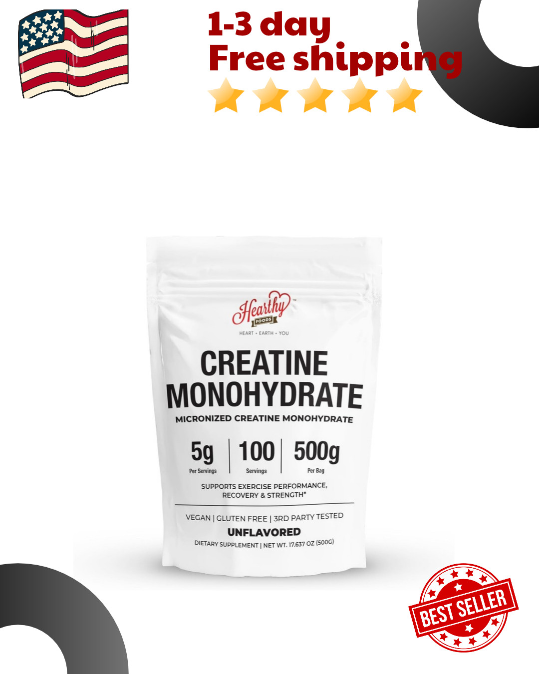 HEARTHY FOODS Creatine Monohydrate Micronized Powder 500G - 100 Servings, 5000mg HEARTHY FOODS Creatine Monohydrate Micronized Powder 500G - 100 Servings, 5000mg