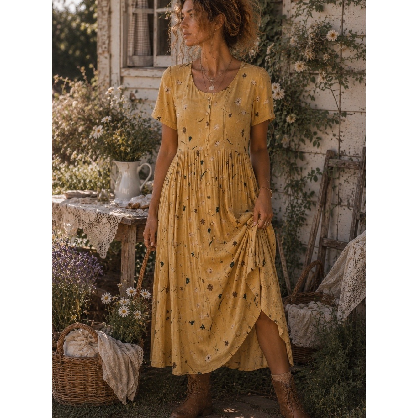 Vintage Karin Stevens Mustard Floral Midi Dress SZ6 Prairie Cottage Farm Country