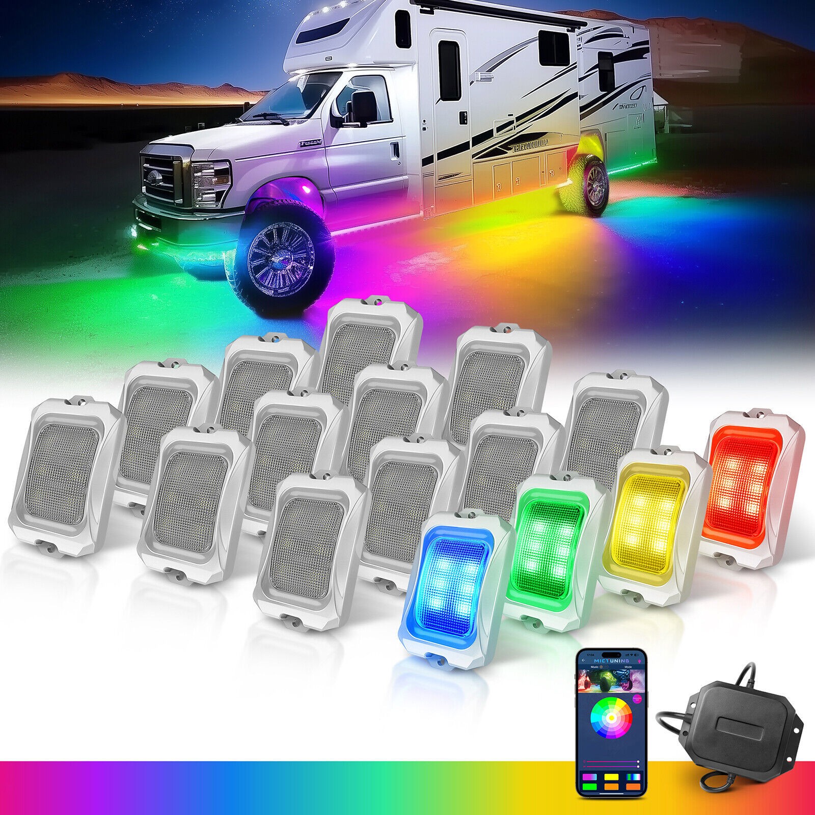 16 Pods RGB-IC LED Rock Lights Multi Color Underglow Neon Kit Bluetooth Control 16 Pods RGB-IC LED Rock Lights Multi Color Underglow Neon Kit Bluetooth Control