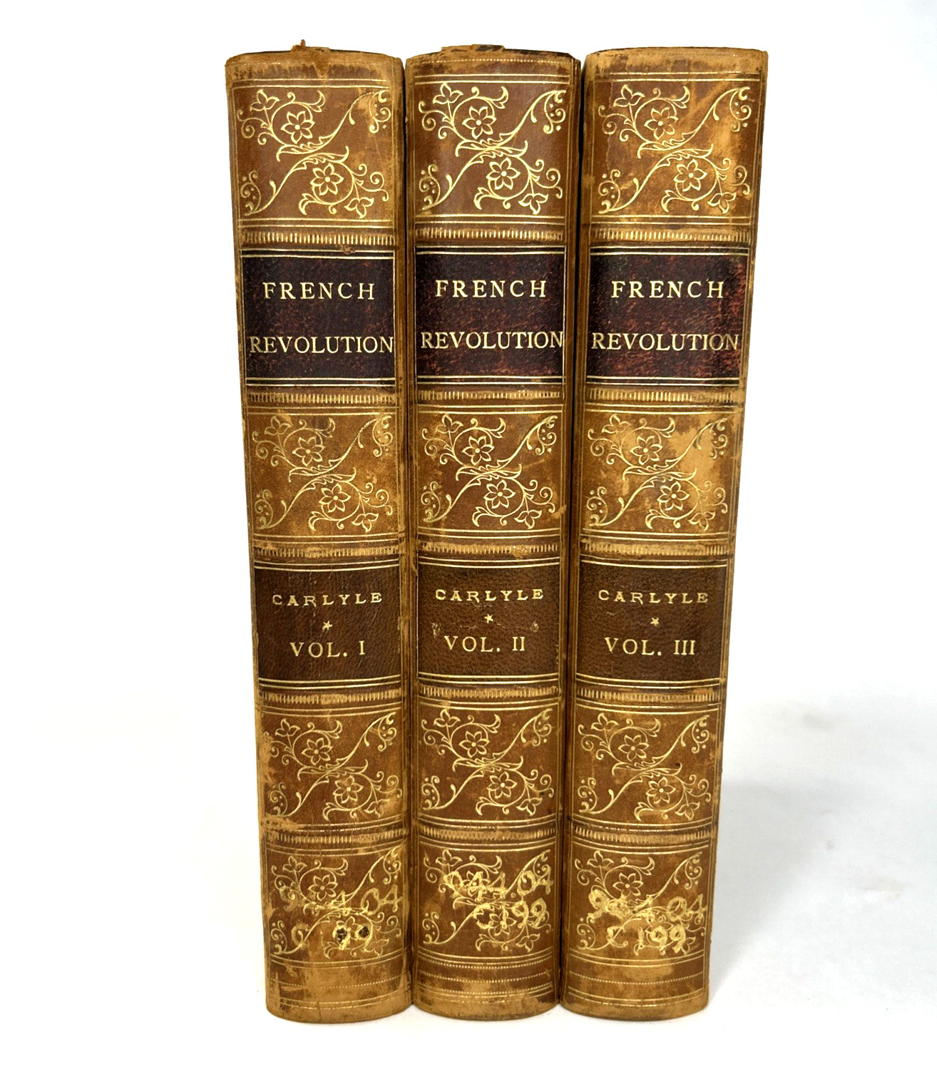 THE FRENCH REVOLUTION Thomas Carlyle 3 Volume Leather Set Antique 1890s circa