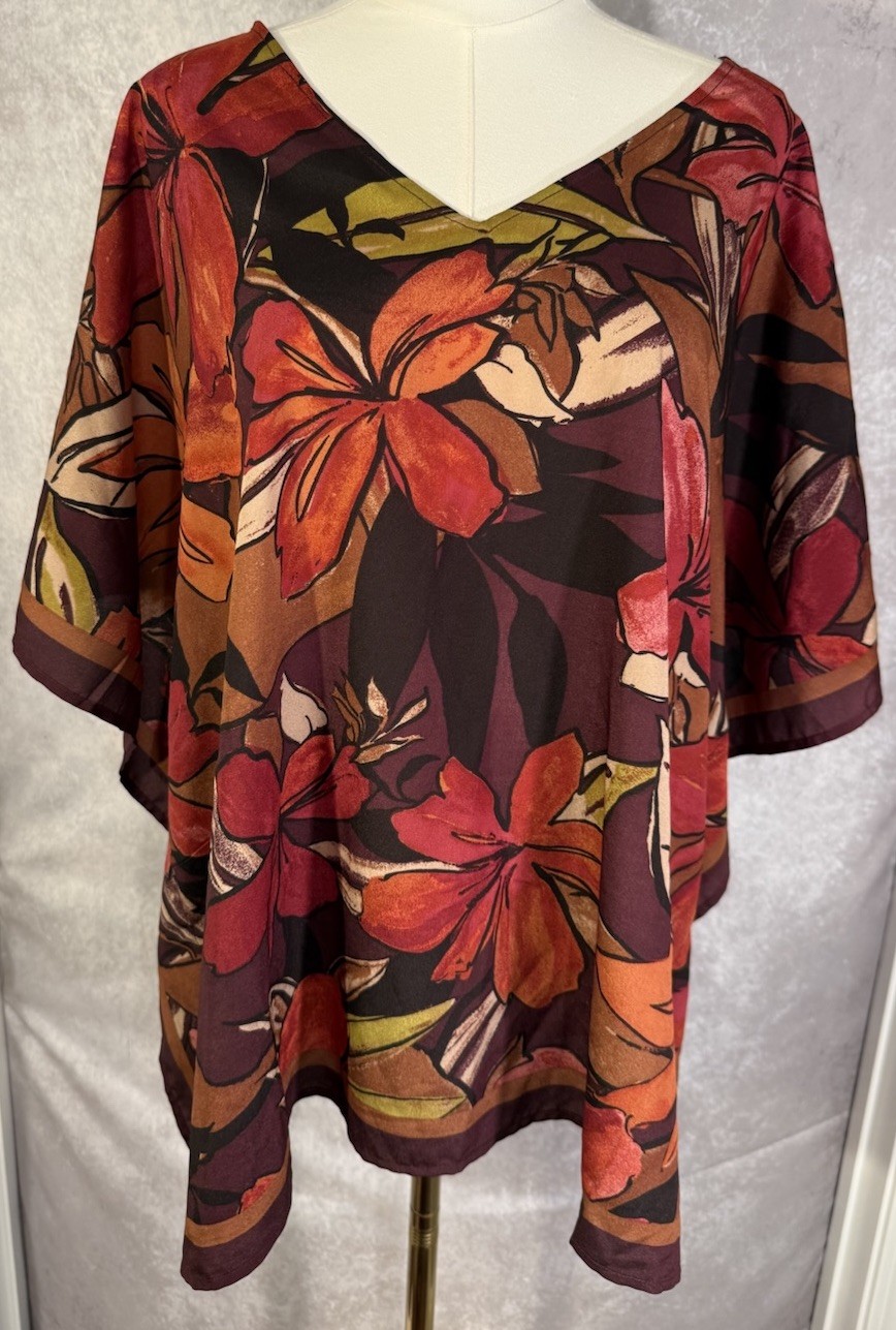 Chico\'s Floral Poncho Blouse Top L/XL Burgundy Orange Fall Warm Weather V-Neck