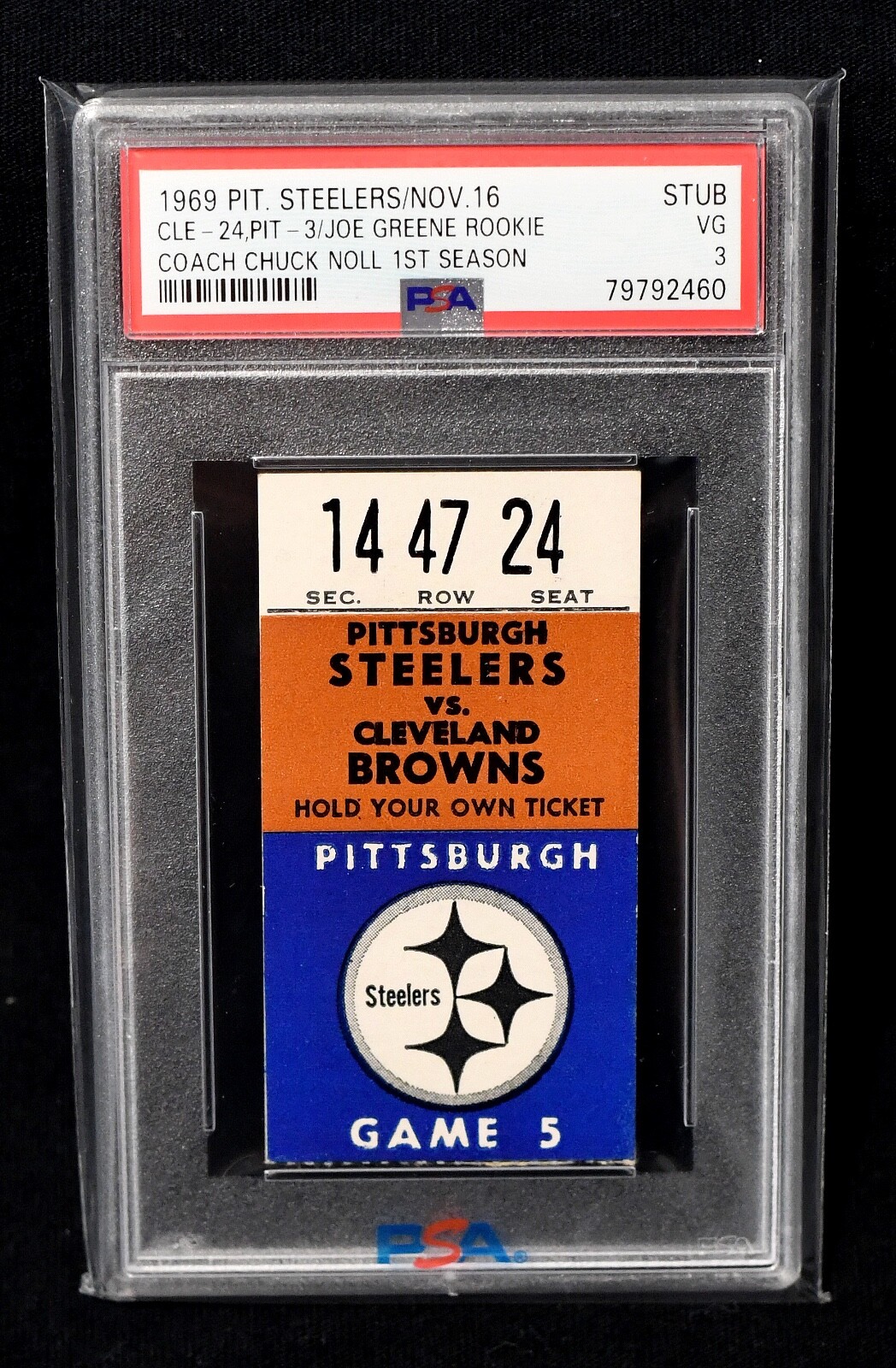 1969 Steelers Chuck Noll & Joe Greene rookies ticket stub (PIT 3 sacks) - PSA 3