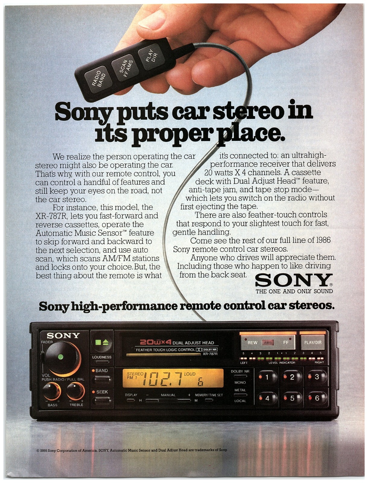 PRINT AD 1986 Sony XR-787R High Performance Remote Control Car Stereo Face Hand