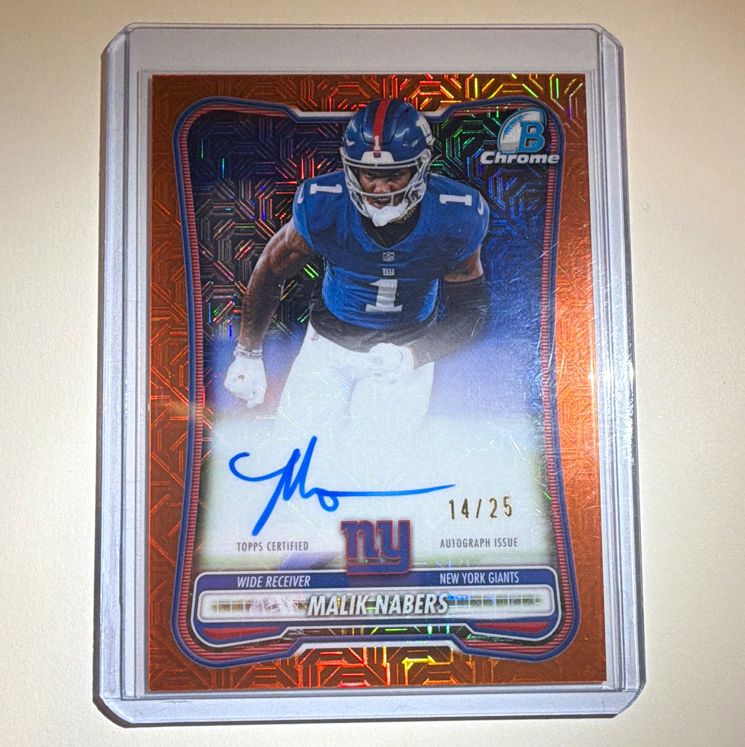 Malik Nabers New York Giants Orange Chrome Autograph Card #14/25 Malik Nabers New York Giants Orange Chrome Autograph Card #14/25