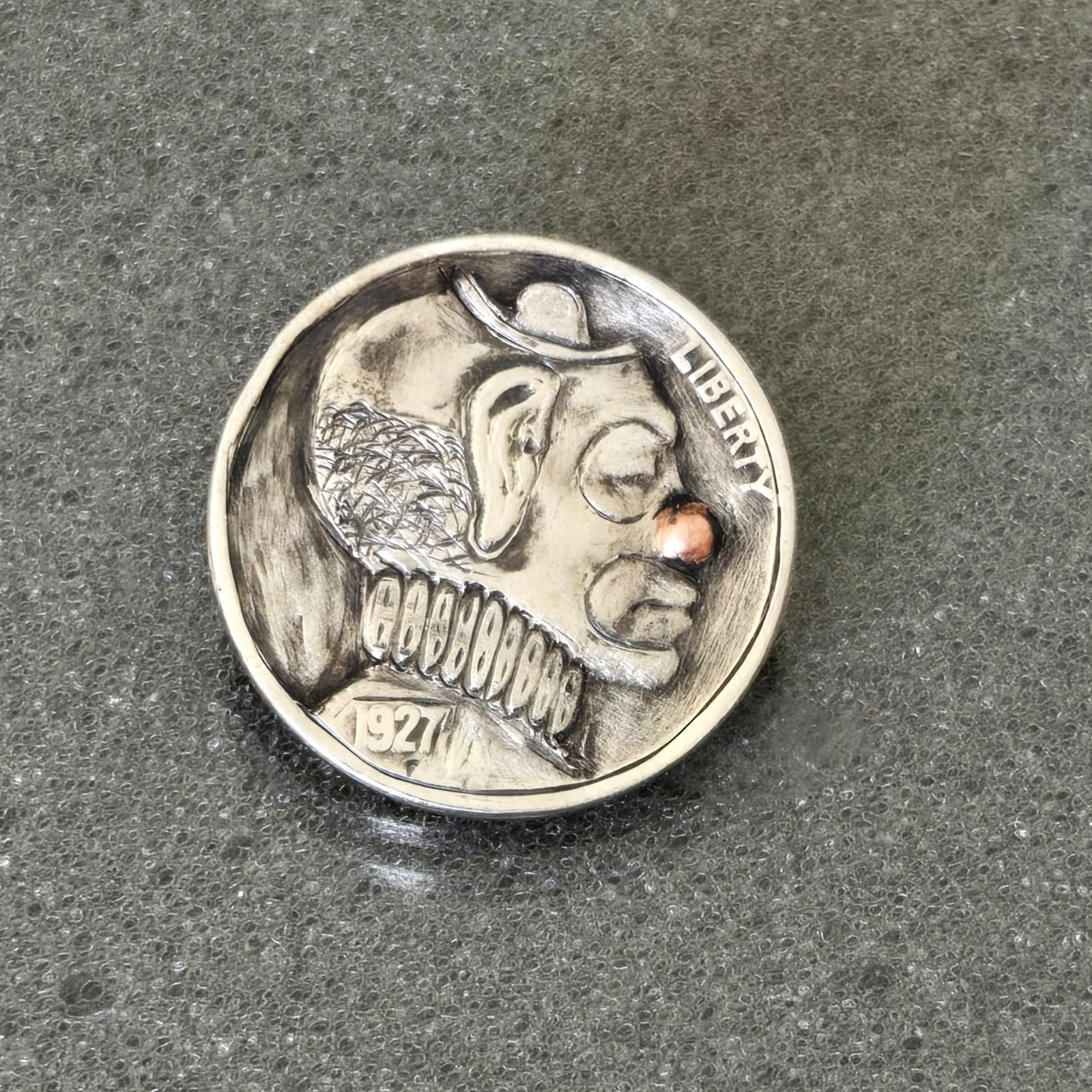 1927 Buffalo nickel carved into a clown with copper nose hobo nickel 1927 Buffalo nickel carved into a clown with copper nose hobo nickel