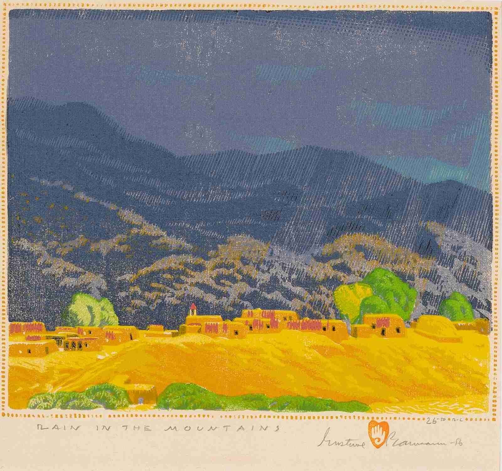 Gustave Baumann Rain in the Mountains 1926 New Mexico Pueblo Color Woodcut