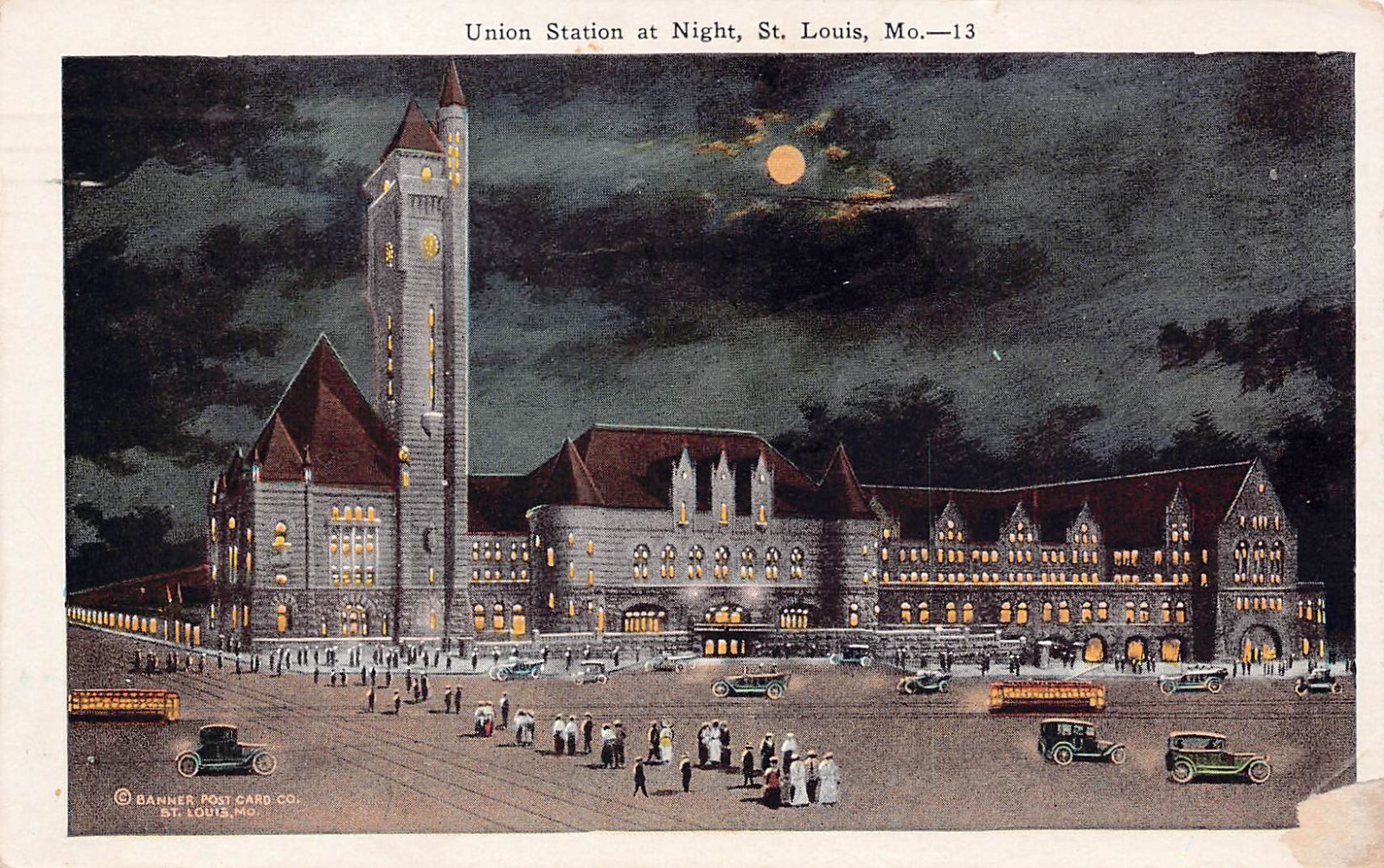 St Louis Missouri MO Train Railroad Station Depot Moonlight Vtg Postcard A62