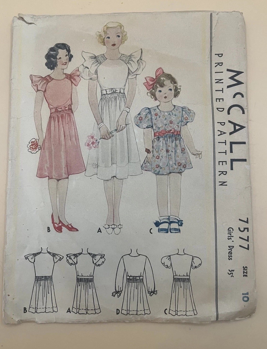 Vintage 1930s McCall 7577 Girls Dress Sewing Pattern Size 10 Ruffle Puff Sleeve