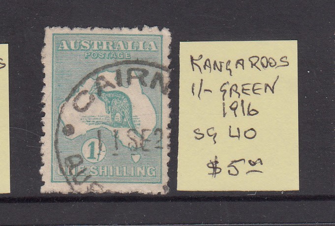 1916 Kangaroos 3rd Watermark 1/- green SG40  fine used. Going Cheap