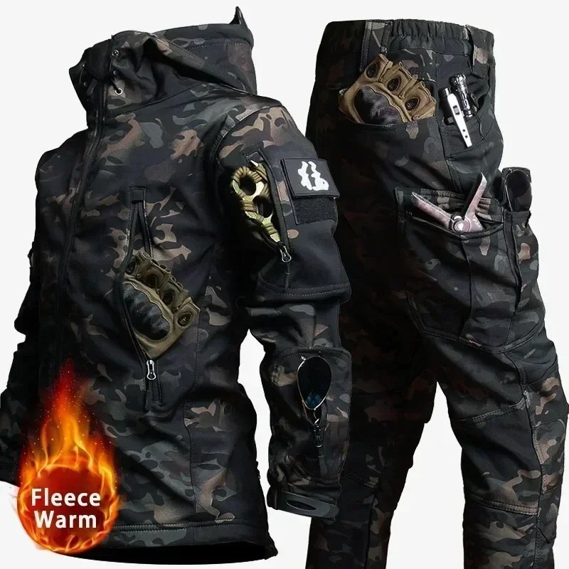 New Waterproof Set Mens Winter Hooded Jacket Pants Tactical Camo Multi Pockets