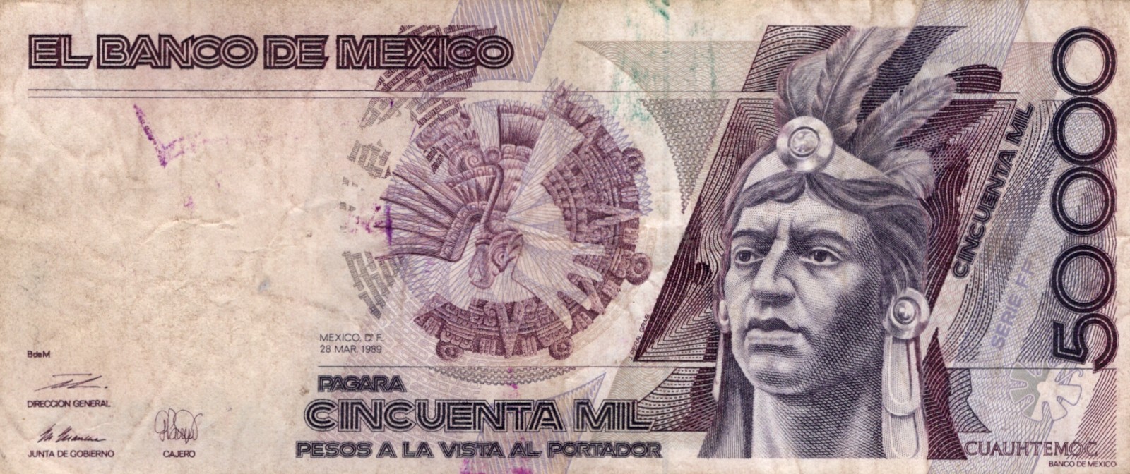 MEXICO 50000 50 000 PESOS 1986 P 93. VF CONDITION. 6RW 03OCT