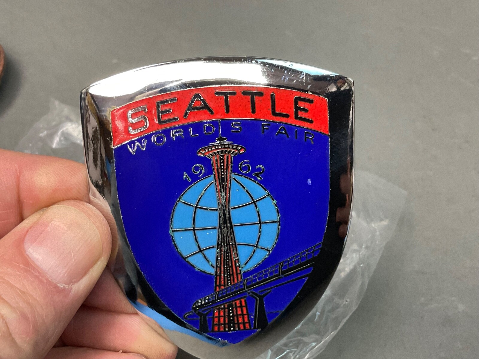 1962 Seattle Worlds Fair Car Badge Hood Grill License Plate Topper Ornament 1962 Seattle Worlds Fair Car Badge Hood Grill License Plate Topper Ornament