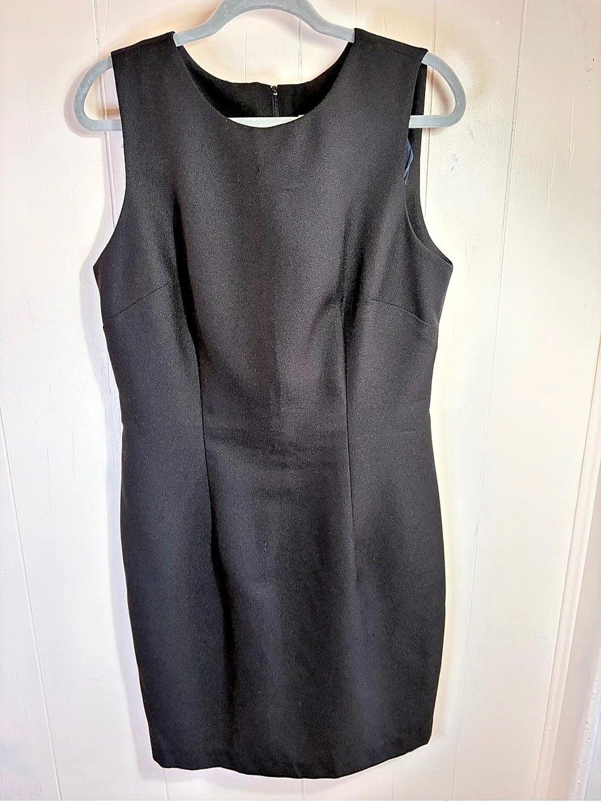 Vtg 80s 90s Leslie Lucks Black Crepe Sleeveless Sheath Dress Made in USA Sz 12