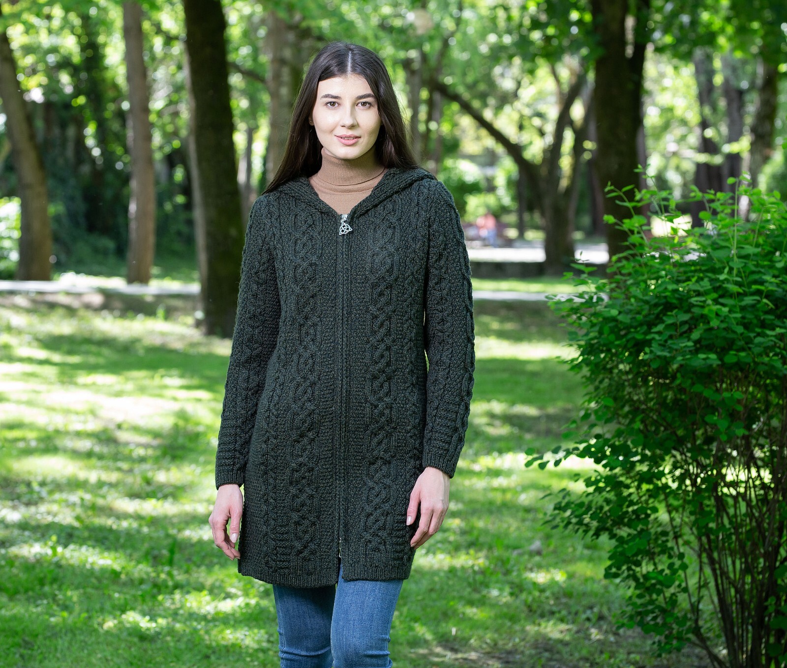SAOL 100% Merino Wool Irish Cardigan Aran Long Cable Knit Cardigan for Women
