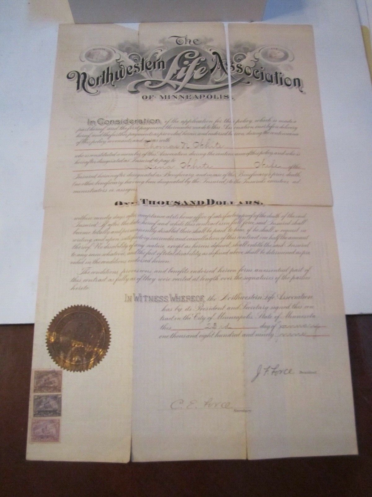 1899 NORTHWESTERN LIFE ASSOCIATION LIFE INSURANCE POLICY WITH 3 OLD STAMPS - ZZZ 1899 NORTHWESTERN LIFE ASSOCIATION LIFE INSURANCE POLICY WITH 3 OLD STAMPS - ZZZ