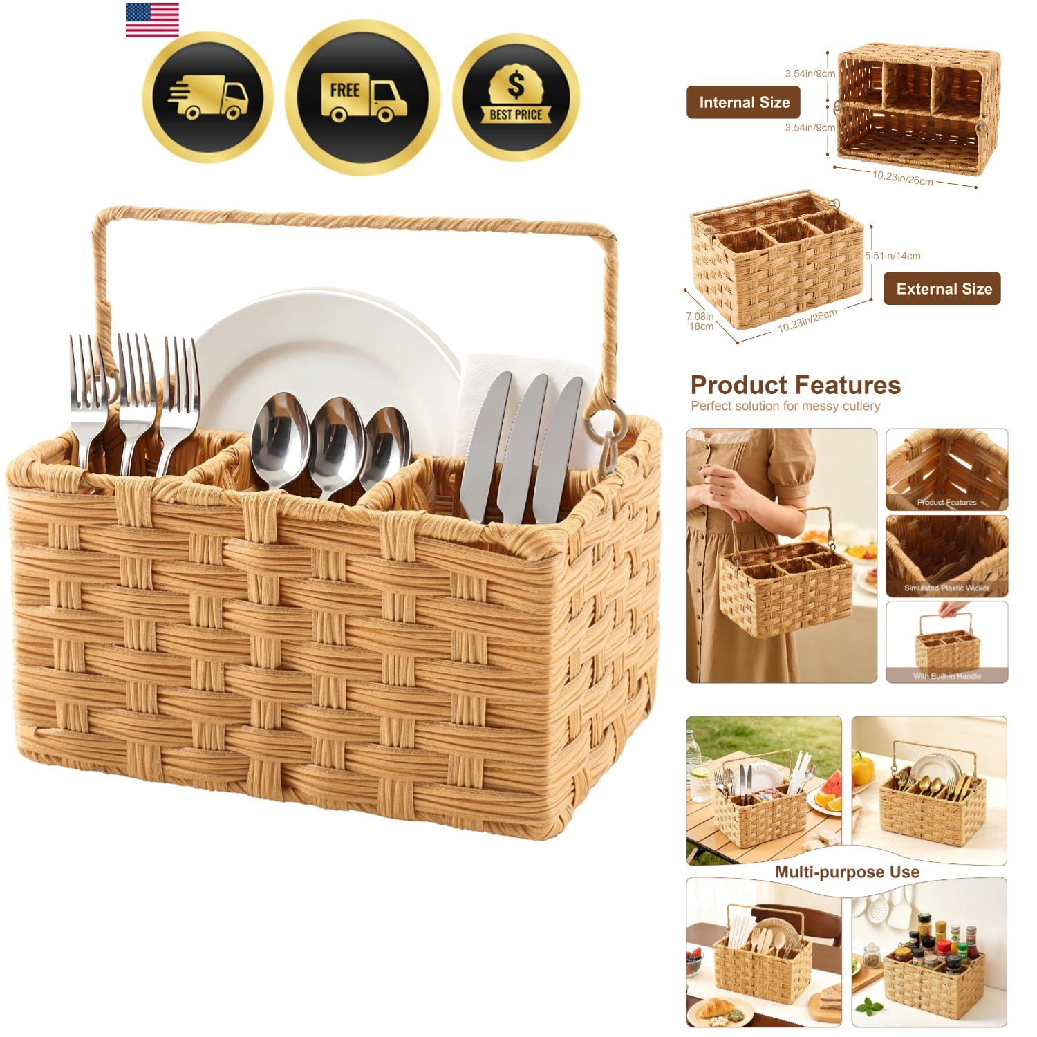Wicker Utensil Caddy – Tabletop Utensil & Silverware Organizer with Handle, M...
