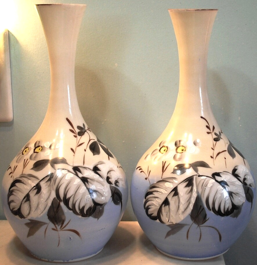 Antique PAIR 2 Vases BRISTOL GLASS Hand Painted Feathers Blue White VICTORIAN