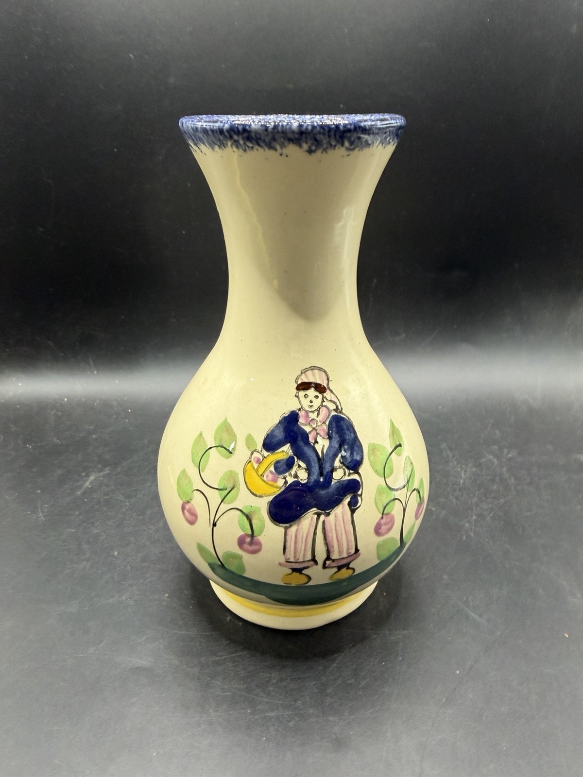 Vintage French Faience Vase Poteries Normandes Trouville Peasant Quimper Style