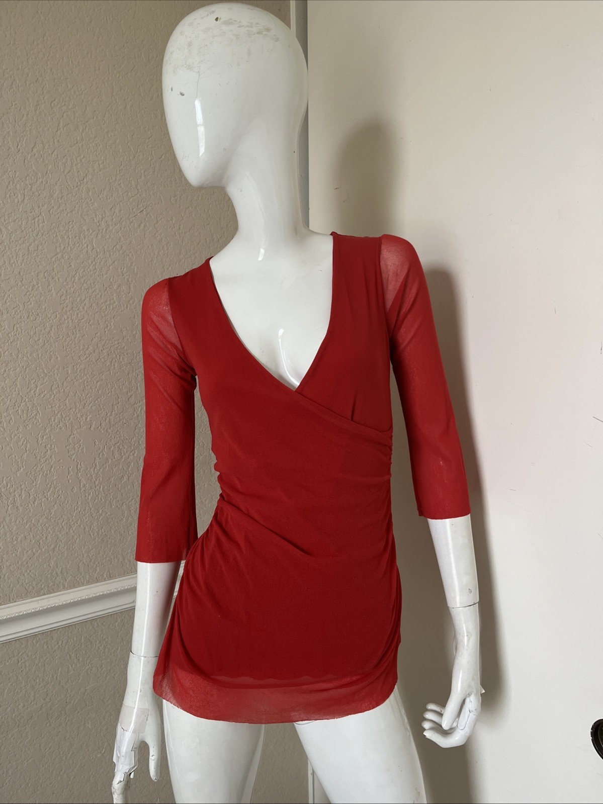 WESTON WEAR Anthropologie NEW VINTAGE Y2K Red Nylon Faux Wrap Stretch Top Sz S