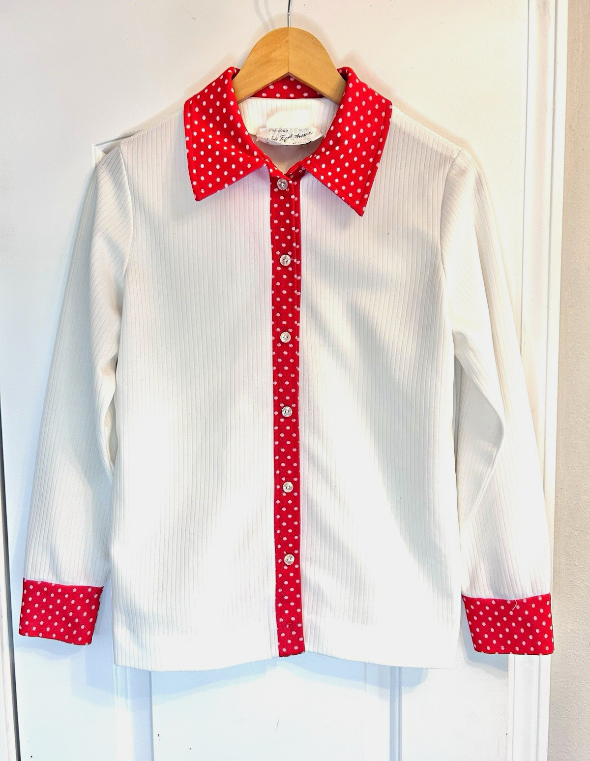 Vintage 70s Saks Fifth Avenue White Red Polka Dot Long Sleeve Blouse Top Large