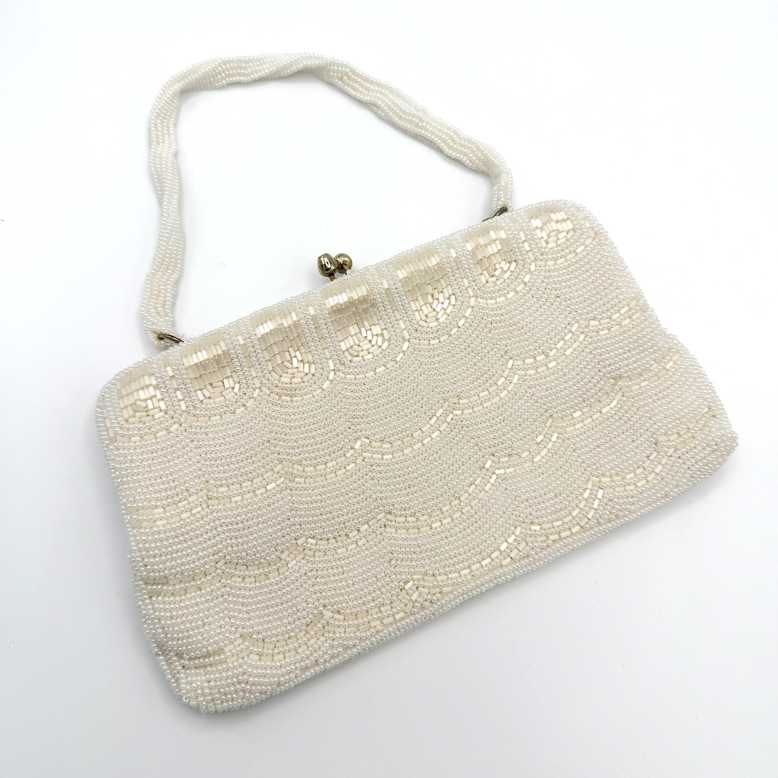 Vintage White Beaded Evening Purse Handbag Kiss Lock Beaded Handle Mid Century