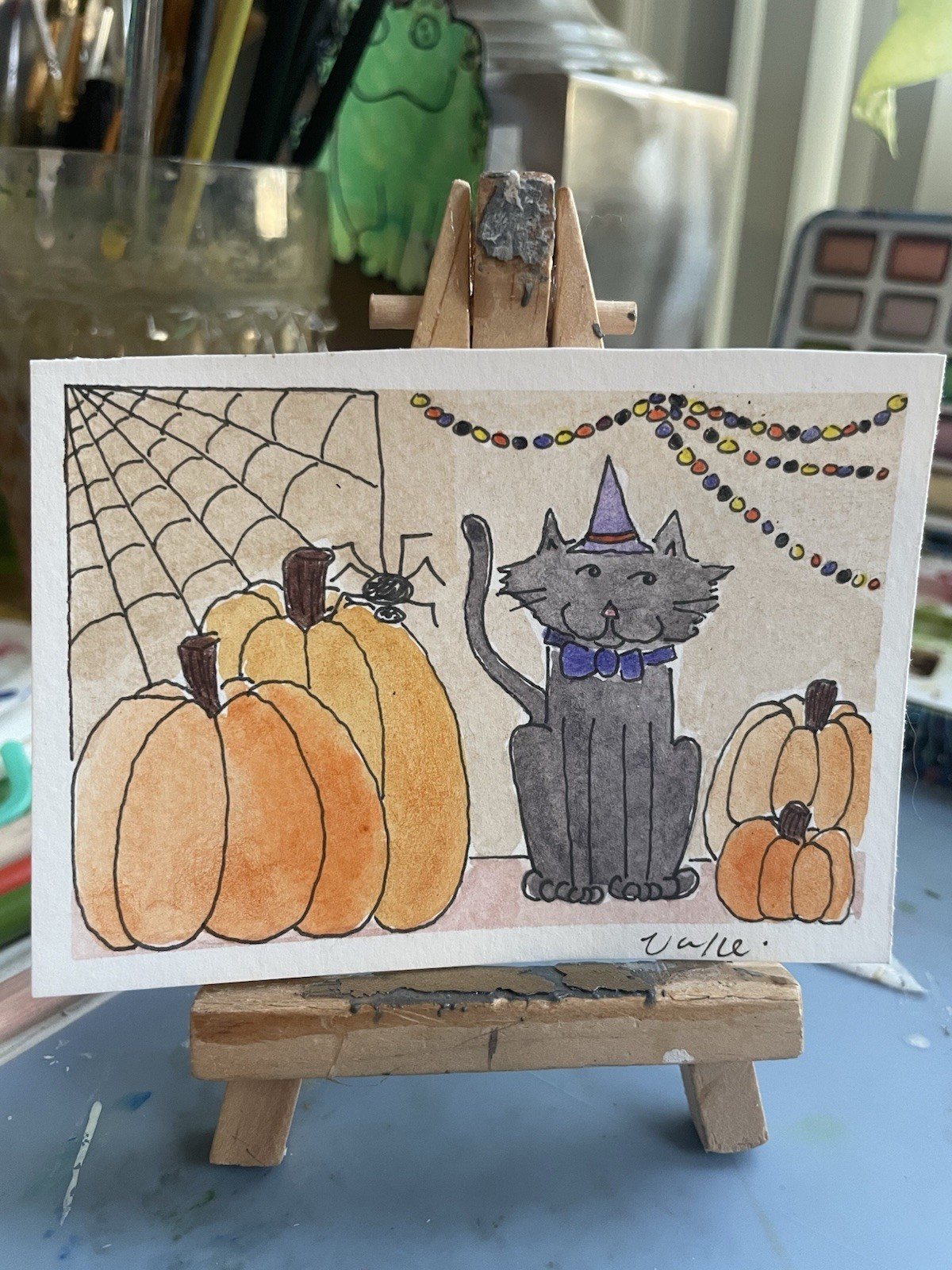 ACEO Pumpkin Black Cat Spiderweb Halloween Watercolor Painting Original Art ACEO Pumpkin Black Cat Spiderweb Halloween Watercolor Painting Original Art