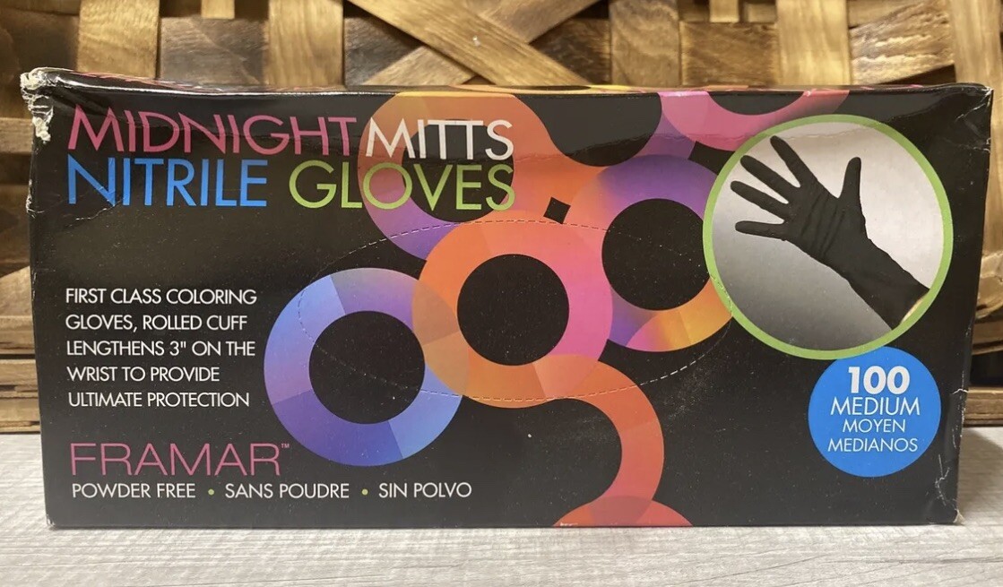FRAMAR Midnight Mitts Nitrile Gloves SMALL, MEDIUM OR LARGE - Black 100 Count FRAMAR Midnight Mitts Nitrile Gloves SMALL, MEDIUM OR LARGE - Black 100 Count
