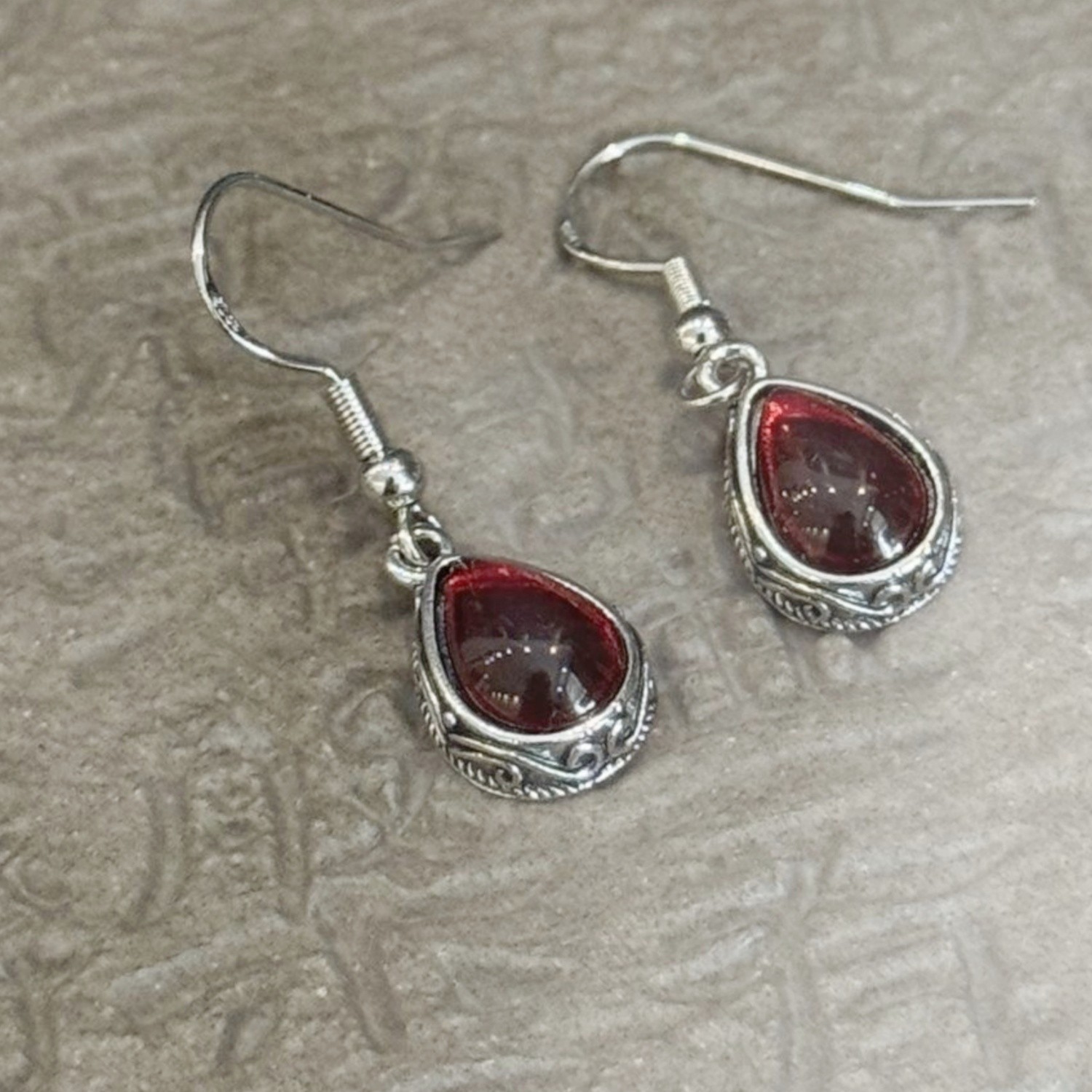 Vintage Red Water Drop Crystal Hollow Silver Plated Dangle Earrings for Women