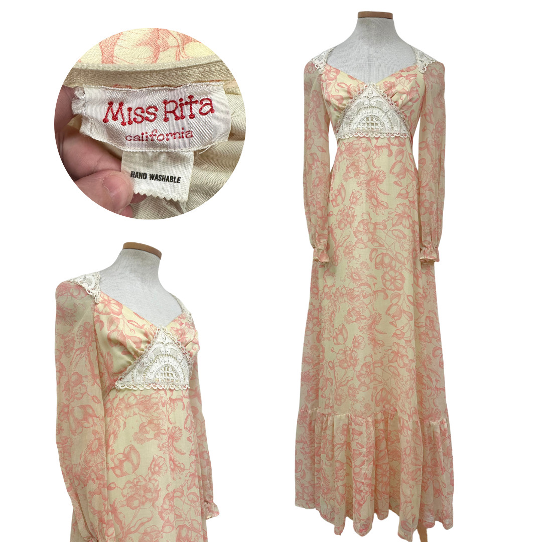 Vintage 1970s Miss Rita Pink Floral Lace Bib Cottagecore Maxi Dress