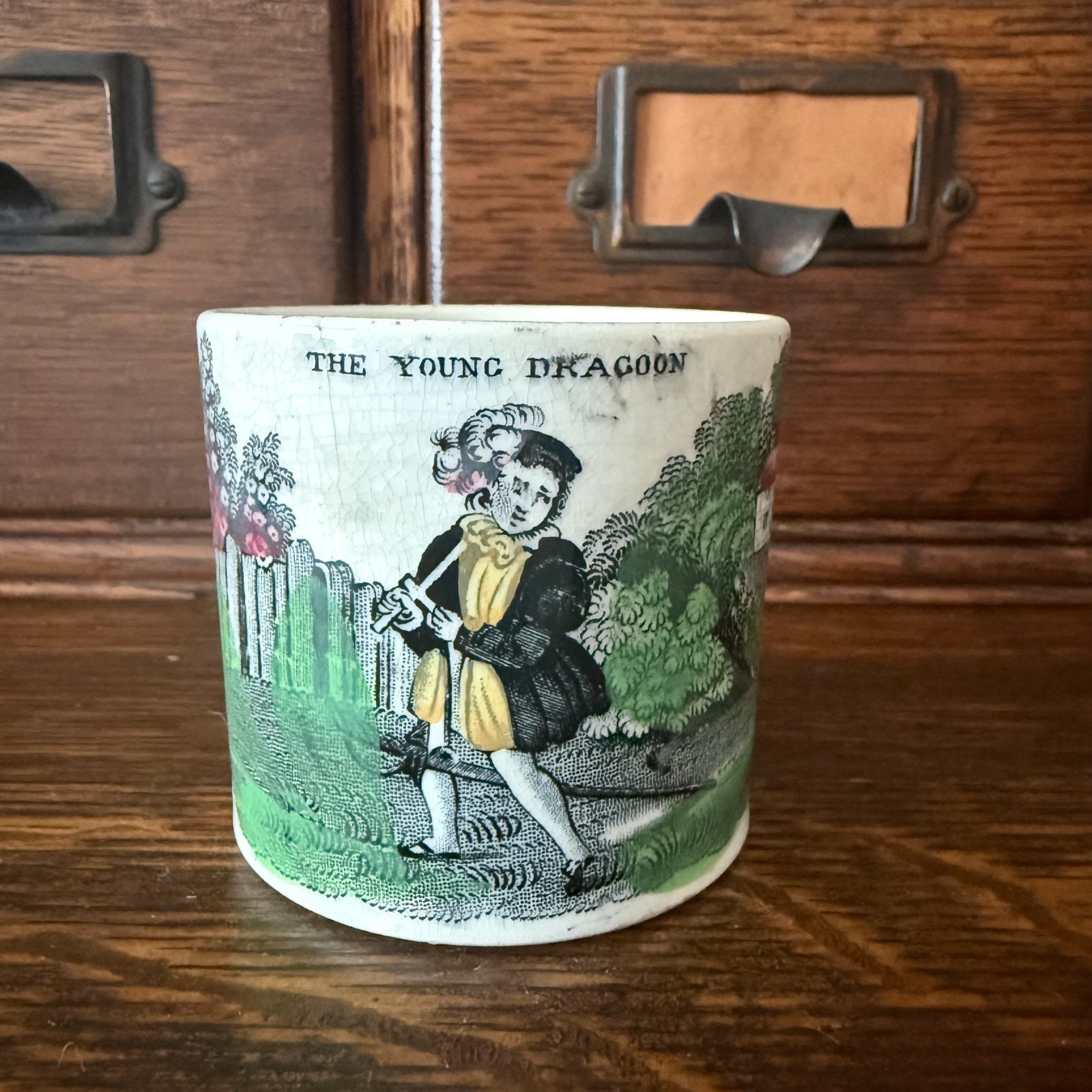 Antique Staffordshire Child s Mug The Young Dragoon Transferware Soldier 1800s