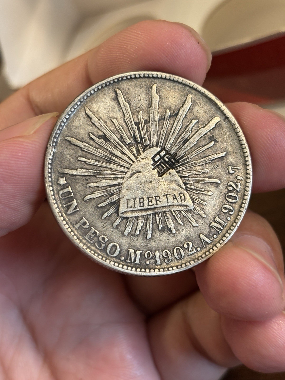 1902 Mo AM Mexico UN Peso Silver Coin Chopmarked 1902 Mo AM Mexico UN Peso Silver Coin Chopmarked